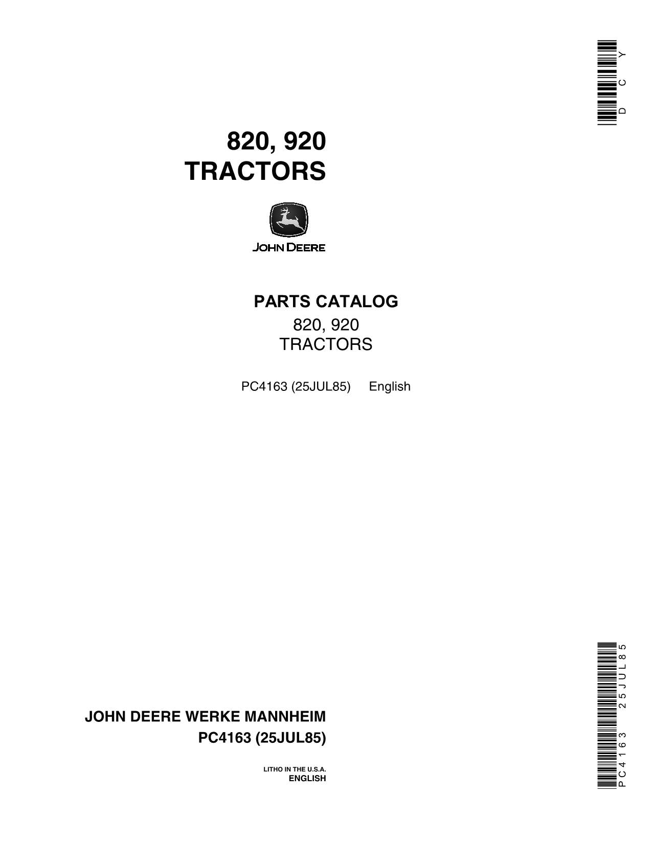 JOHN DEERE 820 920 TRACTOR PARTS CATALOG MANUAL