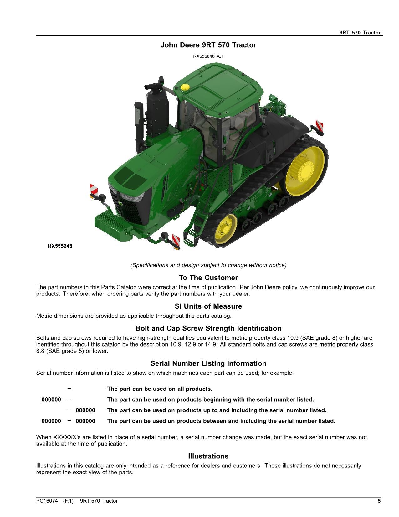 JOHN DEERE 9RT 570 TRACTOR PARTS CATALOG MANUAL