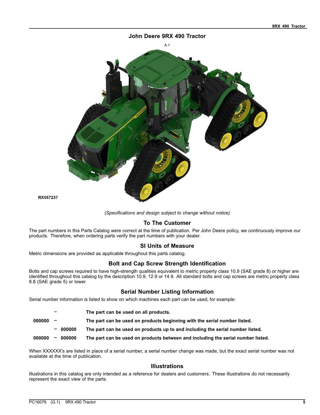 JOHN DEERE 9RX 490 TRAKTOR ERSATZTEILKATALOGHANDBUCH