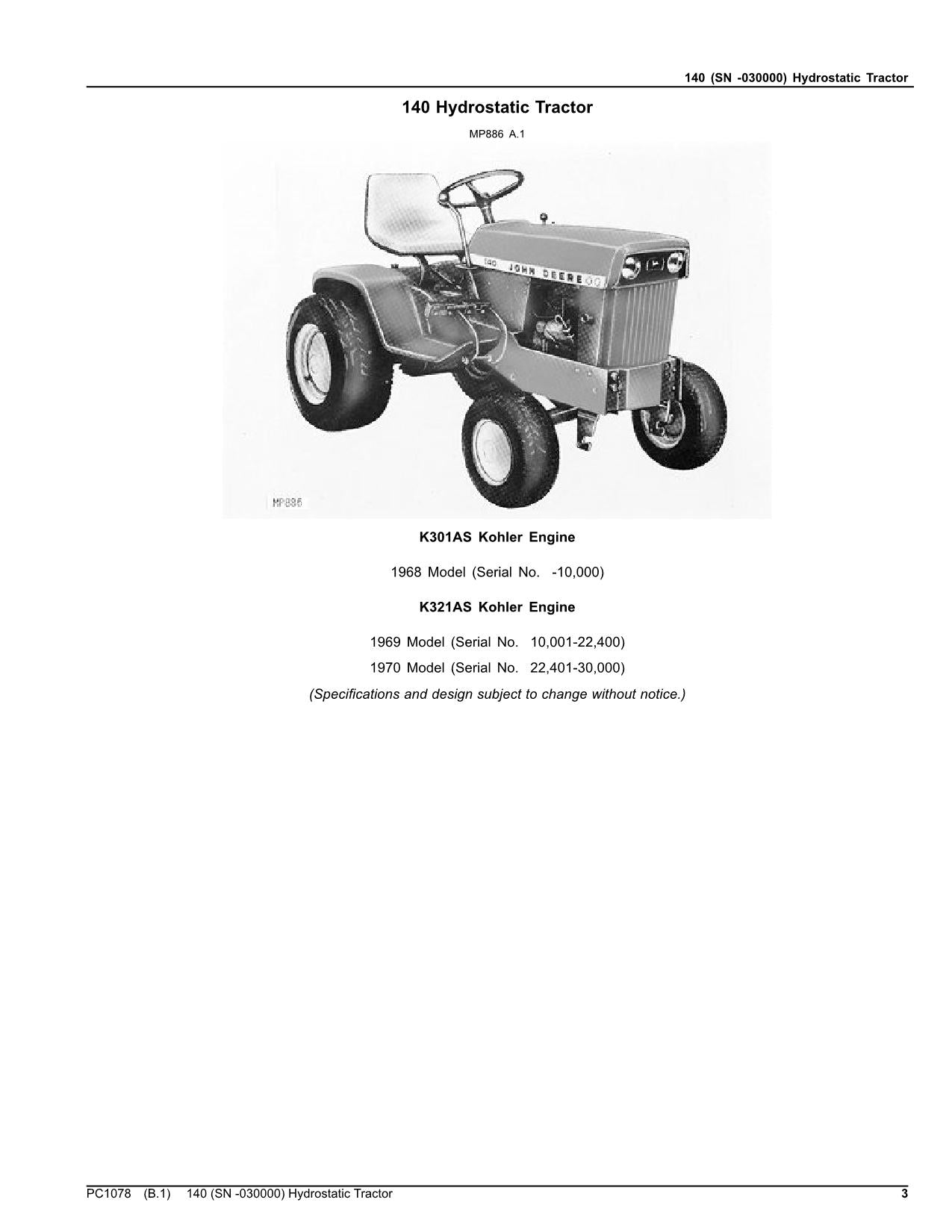 JOHN DEERE 140 TRACTOR PARTS CATALOG MANUAL PC1078