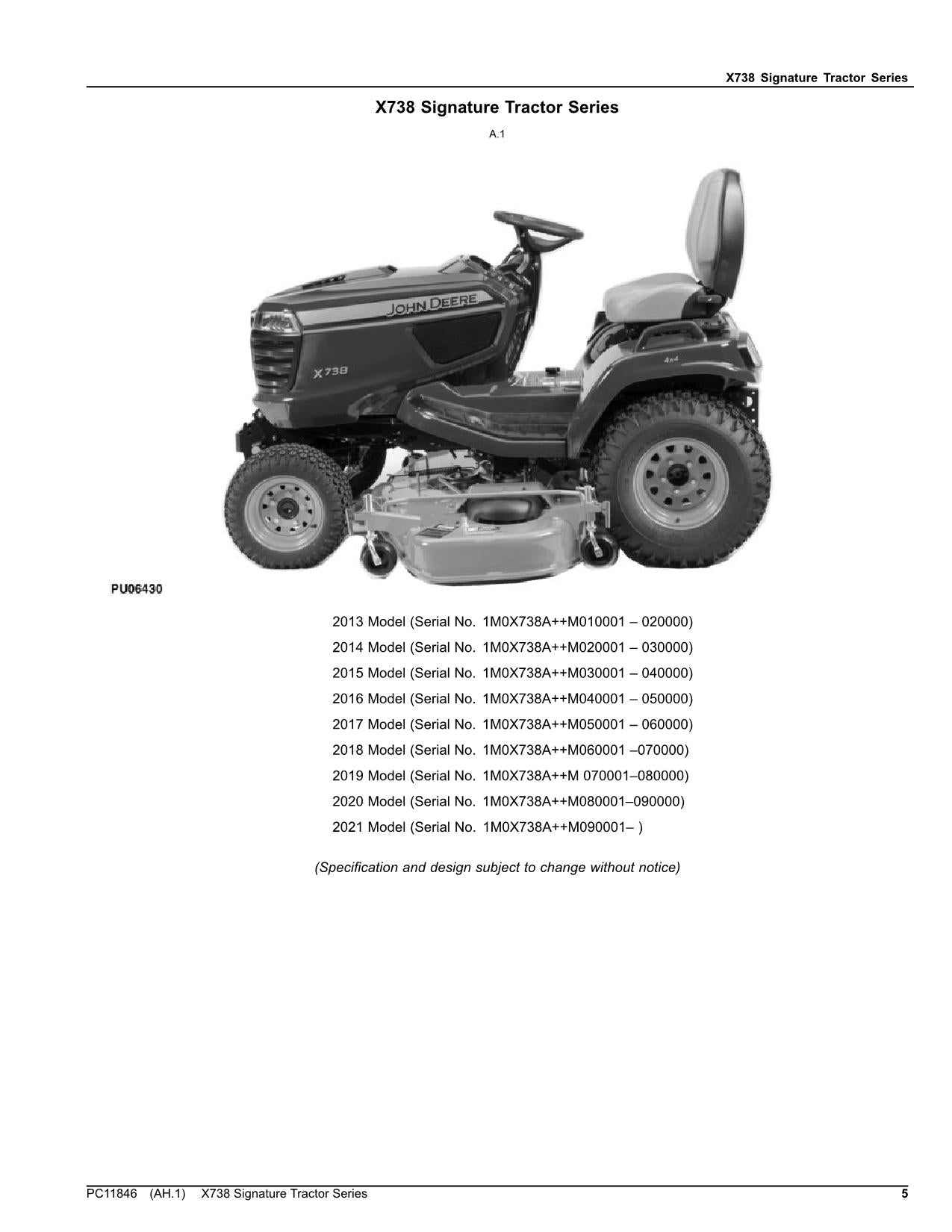 MANUEL DU CATALOGUE DES PIÈCES DU TRACTEUR JOHN DEERE X738