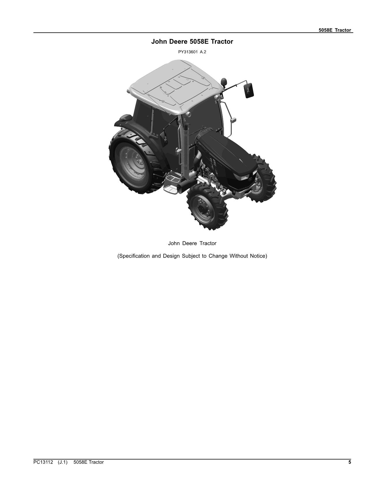 JOHN DEERE 5058E TRACTOR PARTS CATALOG MANUAL