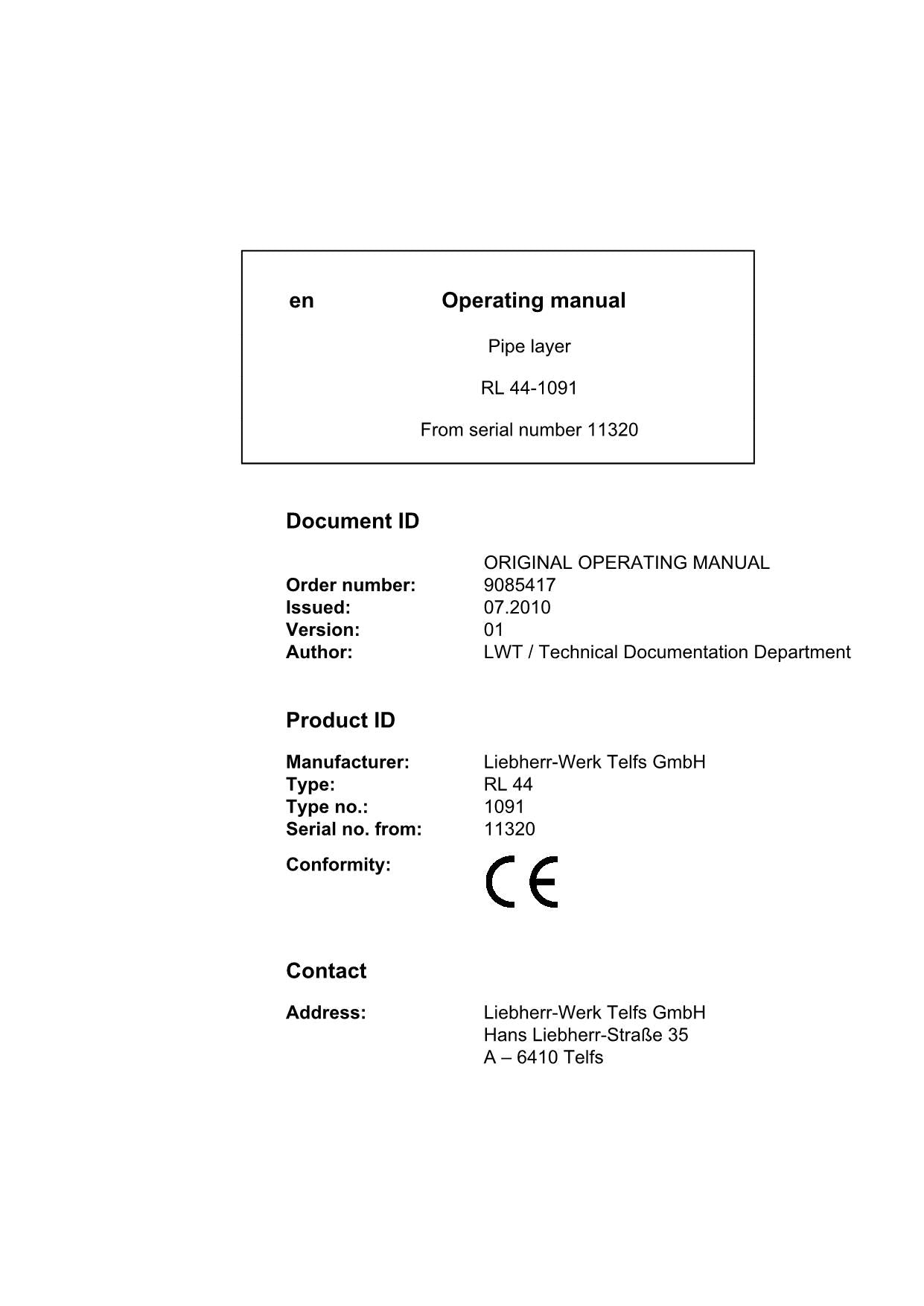 Liebherr RL44-1091 Pipe Layer Operators manual serial 11320