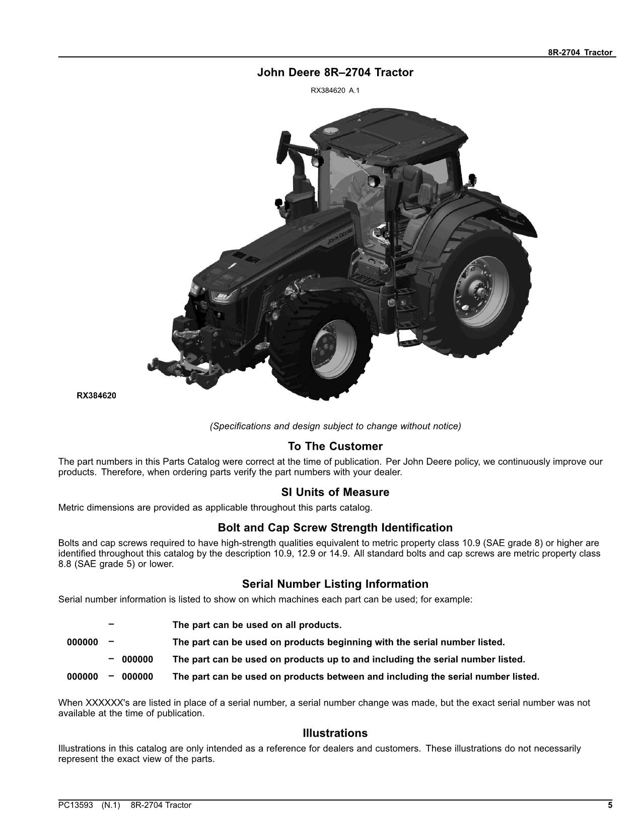 JOHN DEERE 8R-2704 TRACTOR PARTS CATALOG MANUAL