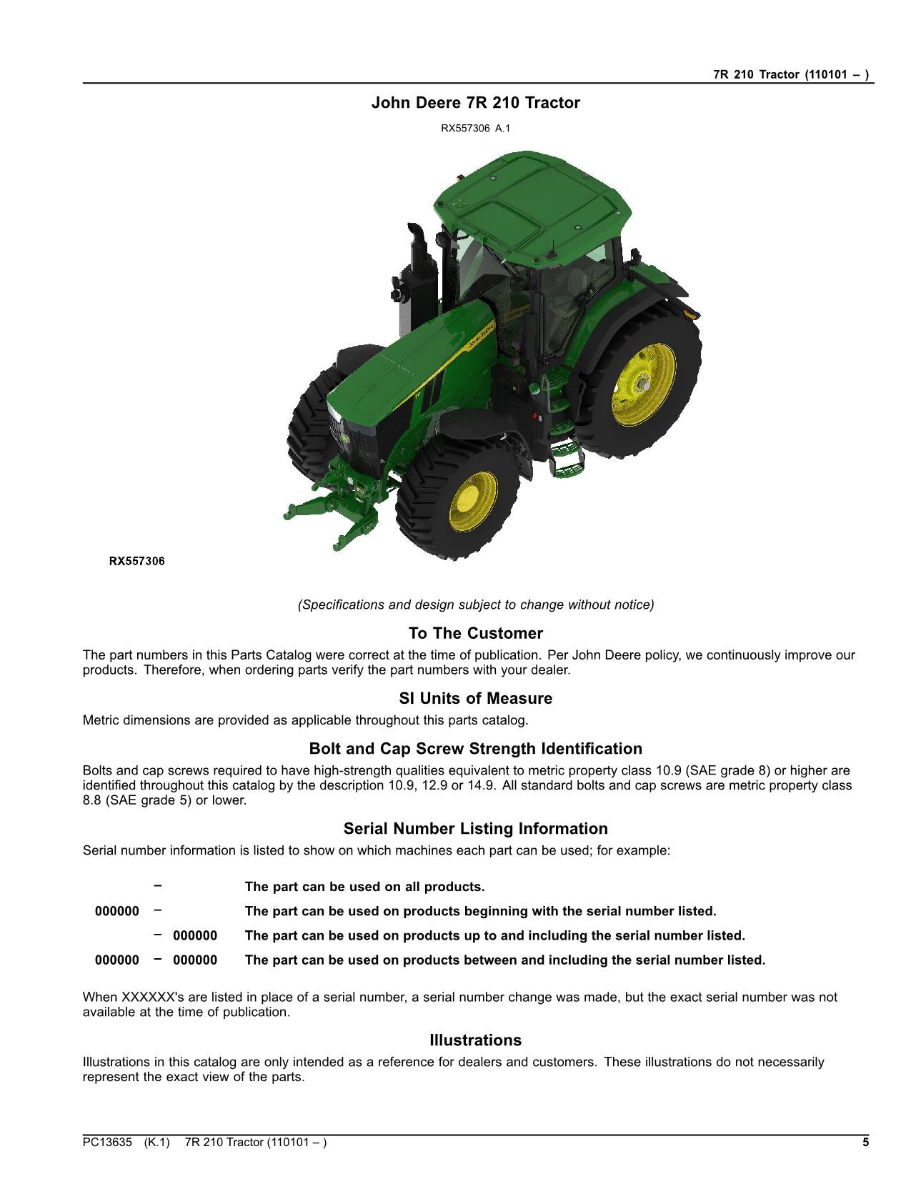 JOHN DEERE 7R 210 TRACTOR PARTS CATALOG MANUAL