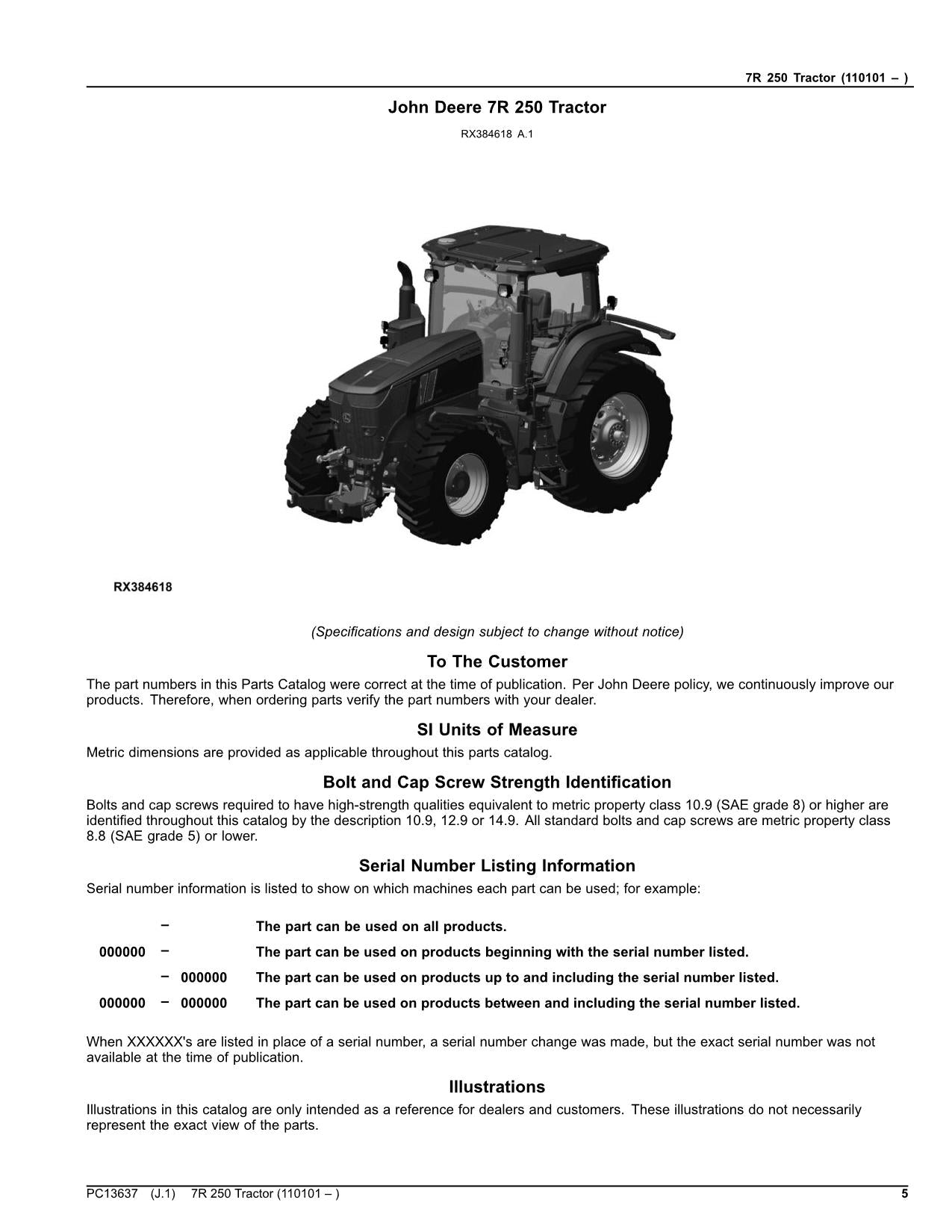 JOHN DEERE 7R 250 TRACTOR PARTS CATALOG MANUAL