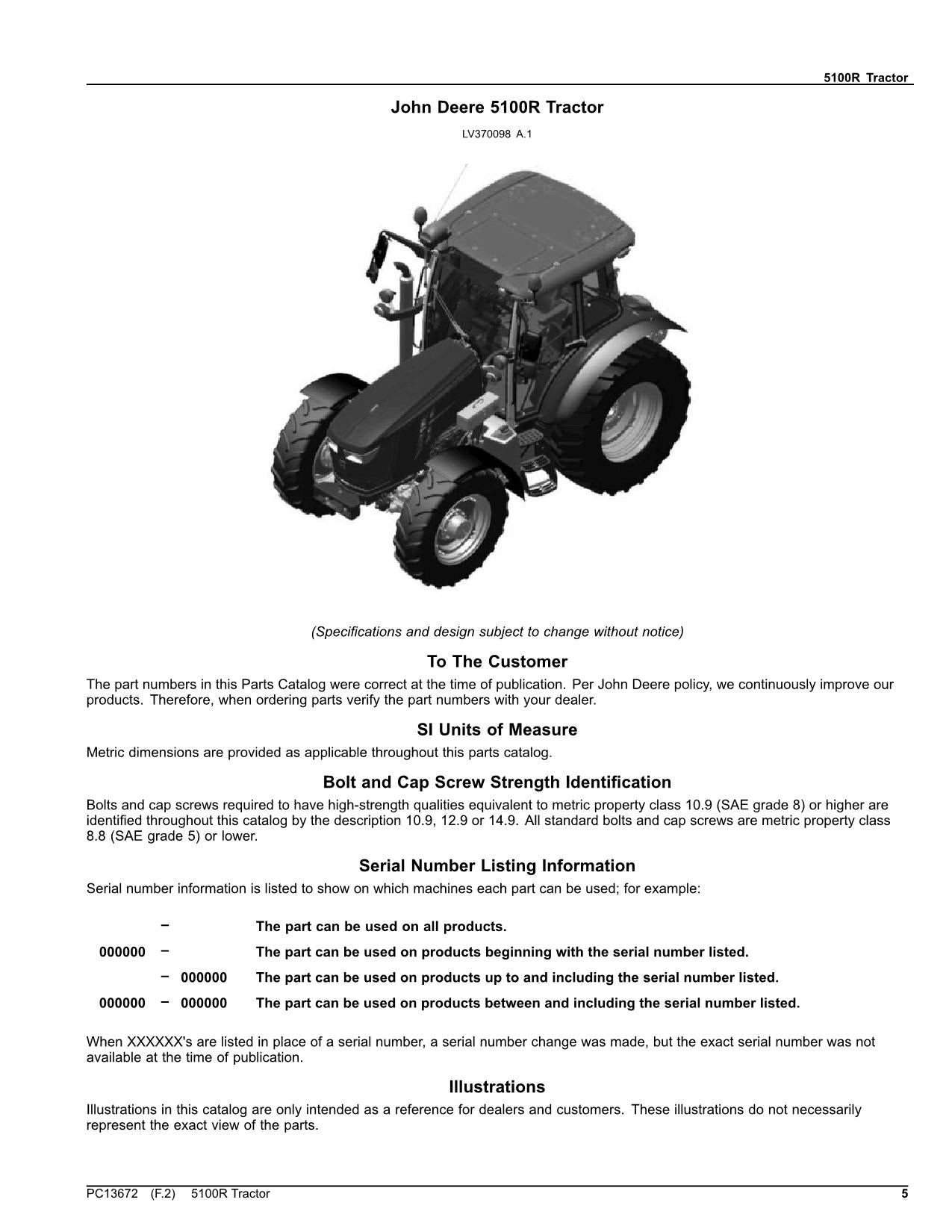 MANUEL DU CATALOGUE DES PIÈCES DU TRACTEUR JOHN DEERE 5100R PC13672