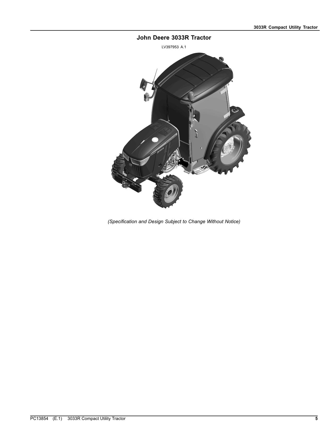 JOHN DEERE 3033R TRACTOR PARTS CATALOG MANUAL