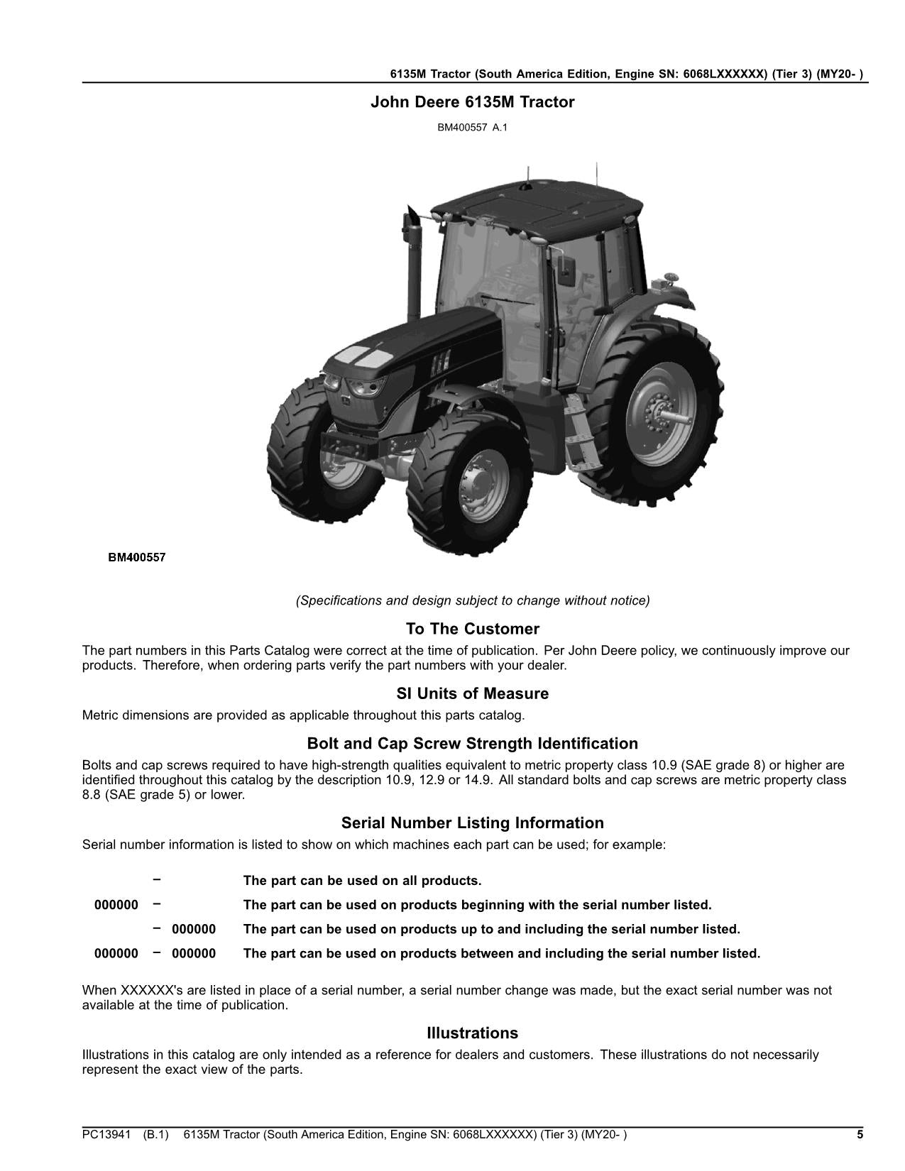 JOHN DEERE 6135M TRACTOR PARTS CATALOG MANUAL MY20-