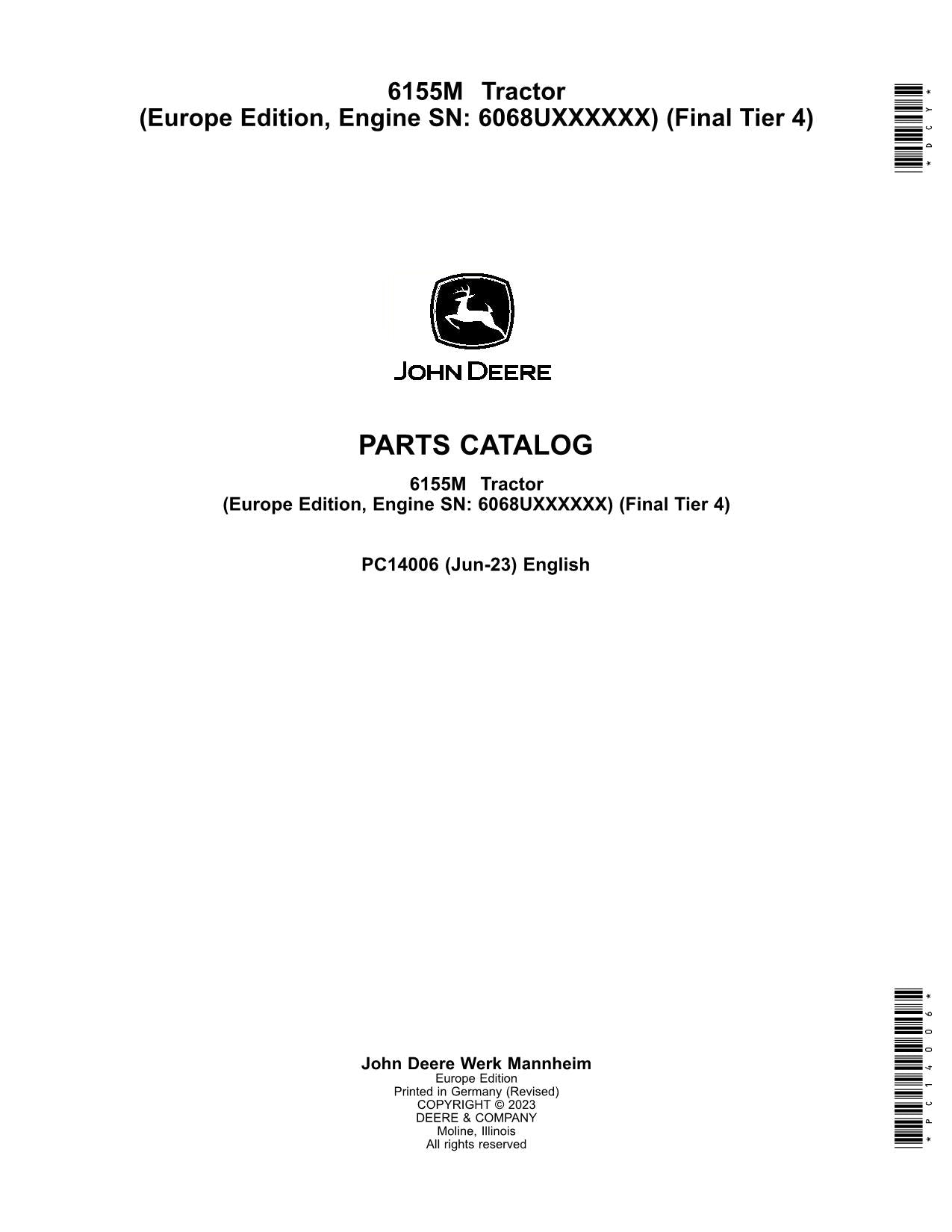 JOHN DEERE 6155M TRACTOR PARTS CATALOG MANUAL MY15- MY17 EUROPE EDITION