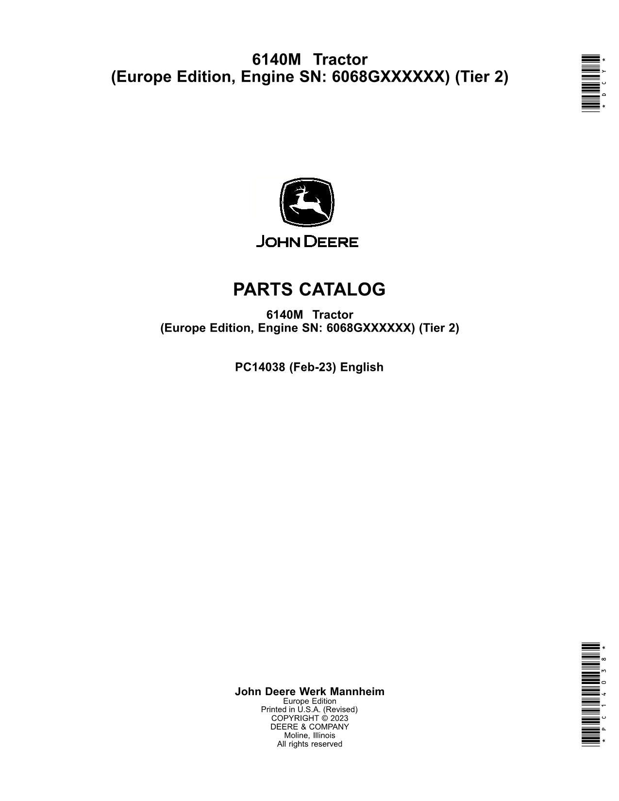 JOHN DEERE 6140M TRACTOR PARTS CATALOG MANUAL EUROPEAN