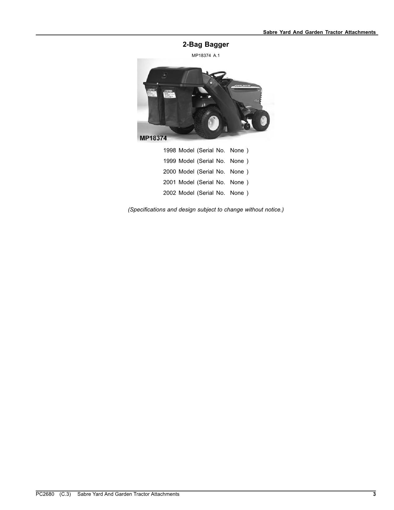 JOHN DEERE CART 2-BAG 46 SABRE BAGGER BLADE TRAKTOR TEILEKATALOG HANDBUCH