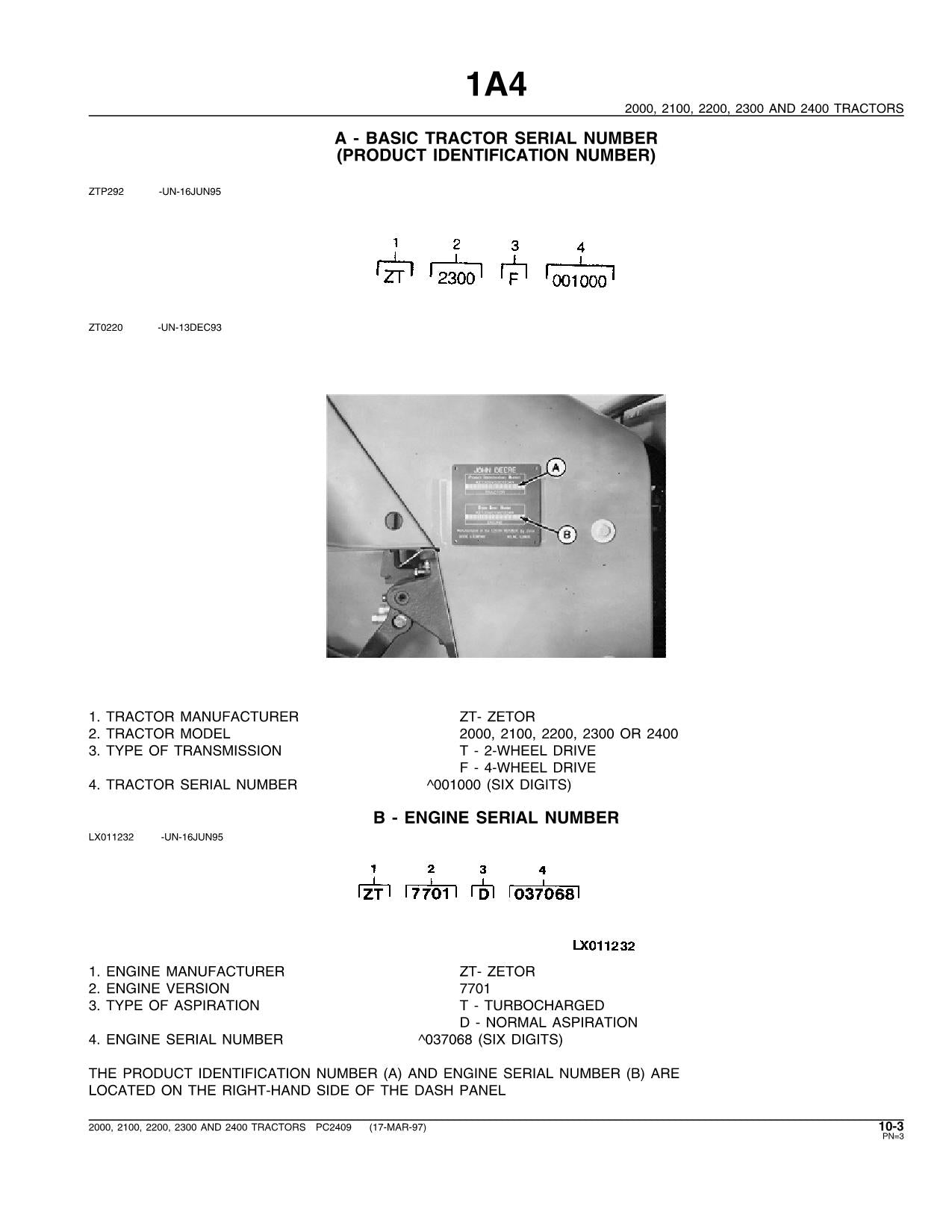 JOHN DEERE 2000 2100 2200 2300 2400 TRACTOR PARTS CATALOG MANUAL