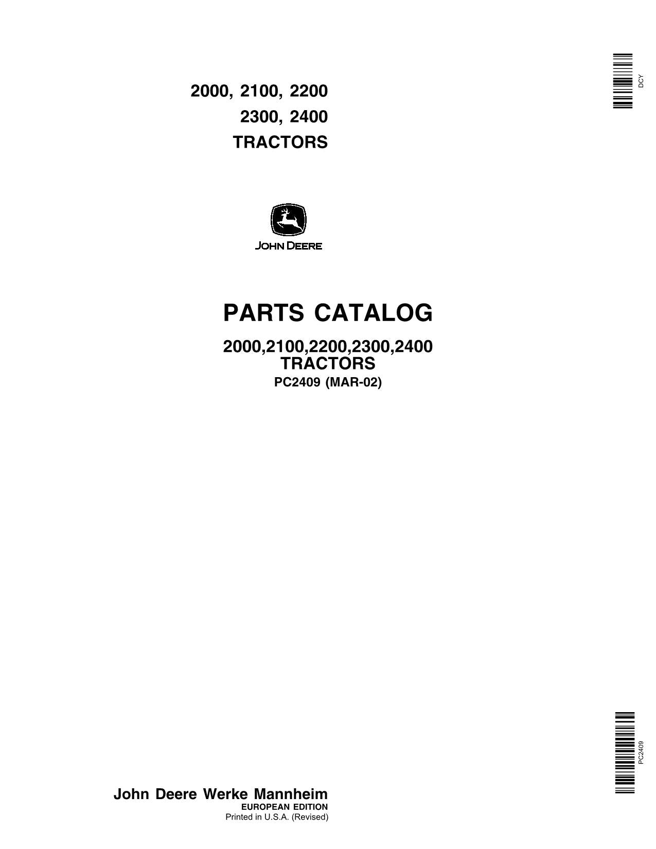 JOHN DEERE 2000 2100 2200 2300 2400 TRACTOR PARTS CATALOG MANUAL