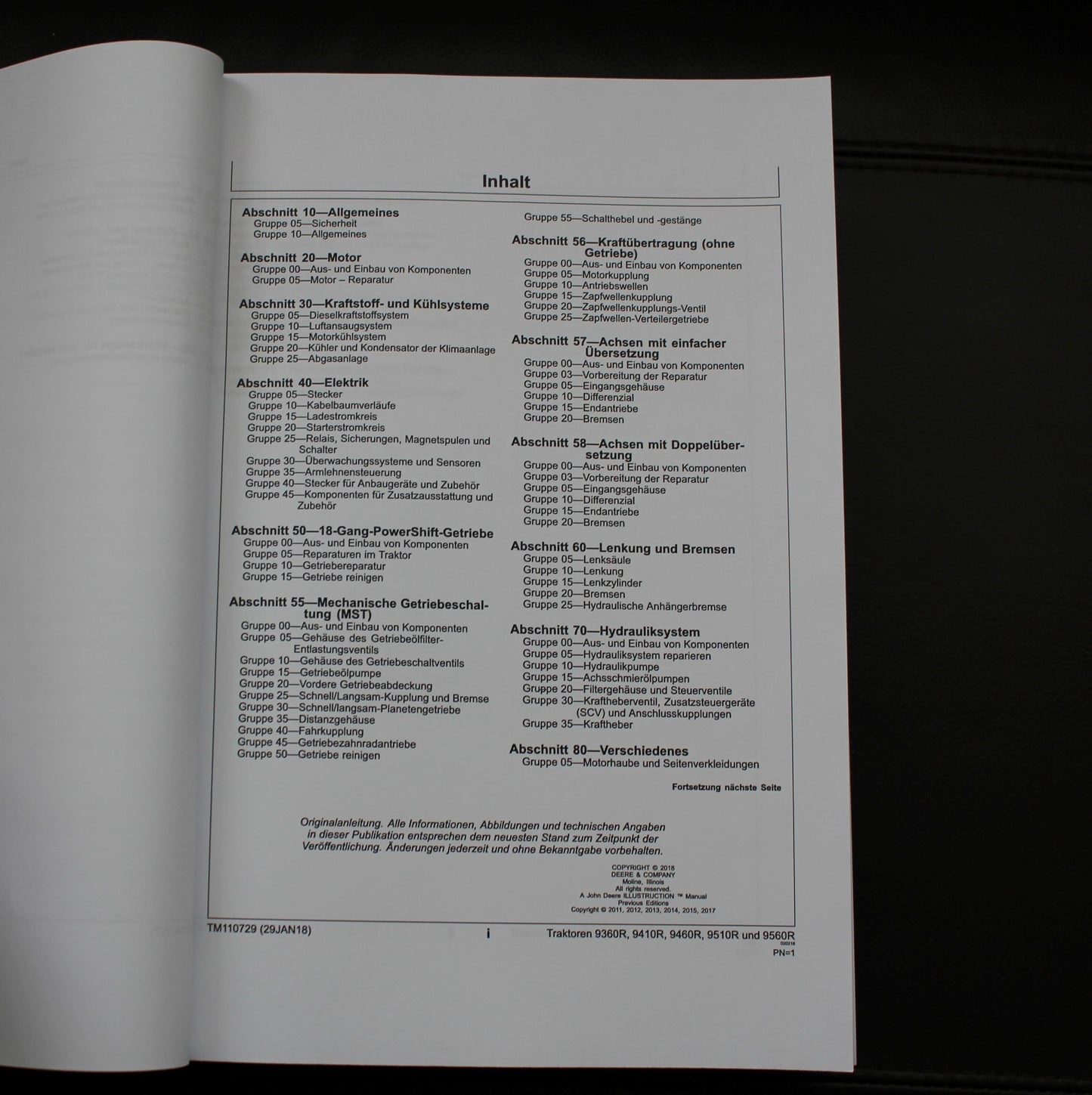 JOHN DEERE 9360R 9410R 9460R 9510R 9560R TRAKTOR REPARATURHANDBUCH