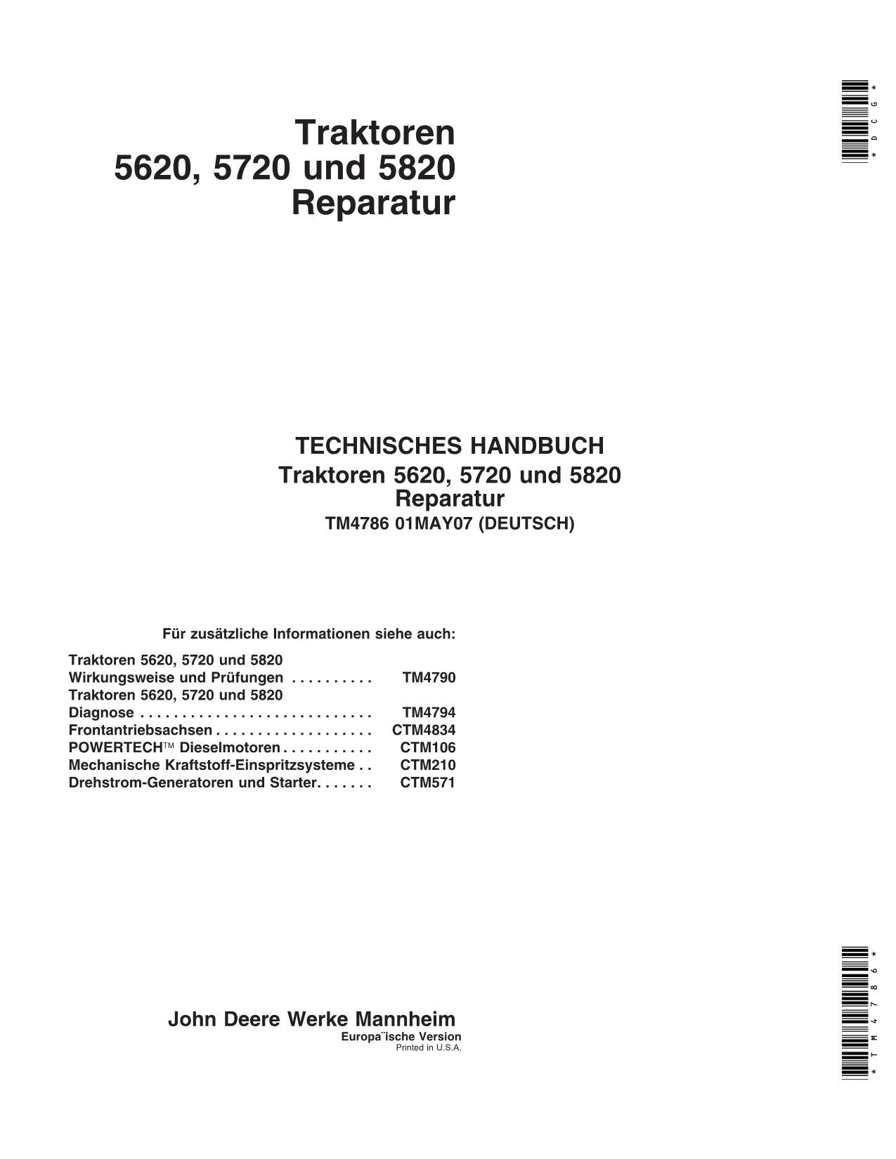 JOHN DEERE 5620 5720 5820 TRAKTOR REPARATURHANDBUCH WERKSTATTHANDBUCH