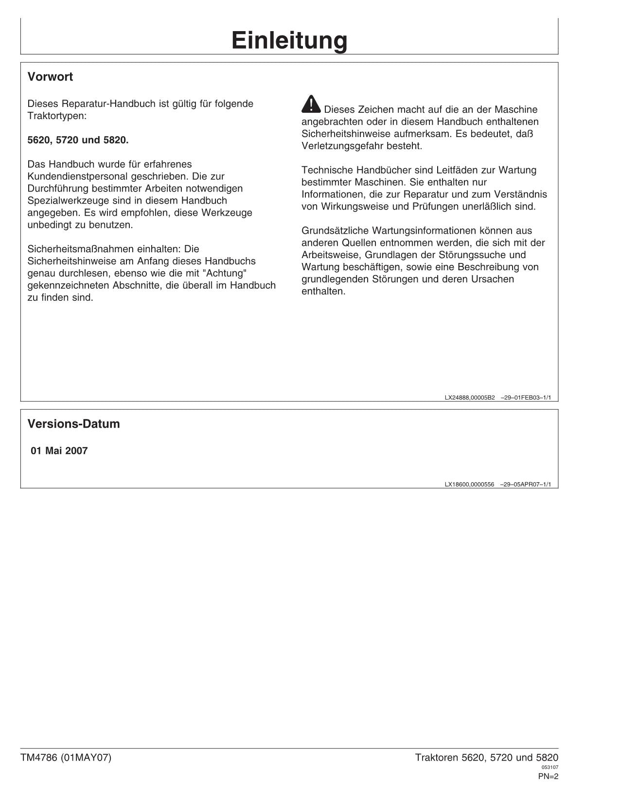 JOHN DEERE 5620 5720 5820 TRAKTOR REPARATURHANDBUCH WERKSTATTHANDBUCH