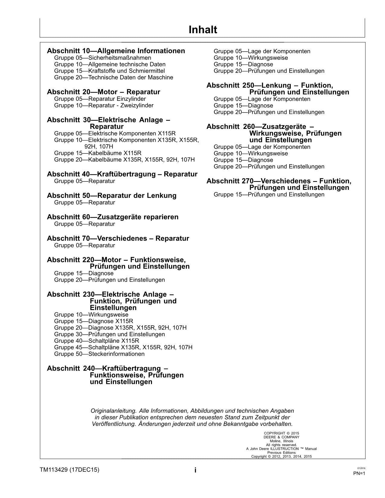 JOHN DEERE X115R X135R X155R 92H 107H TRAKTOR REPARATURHANDBUCH