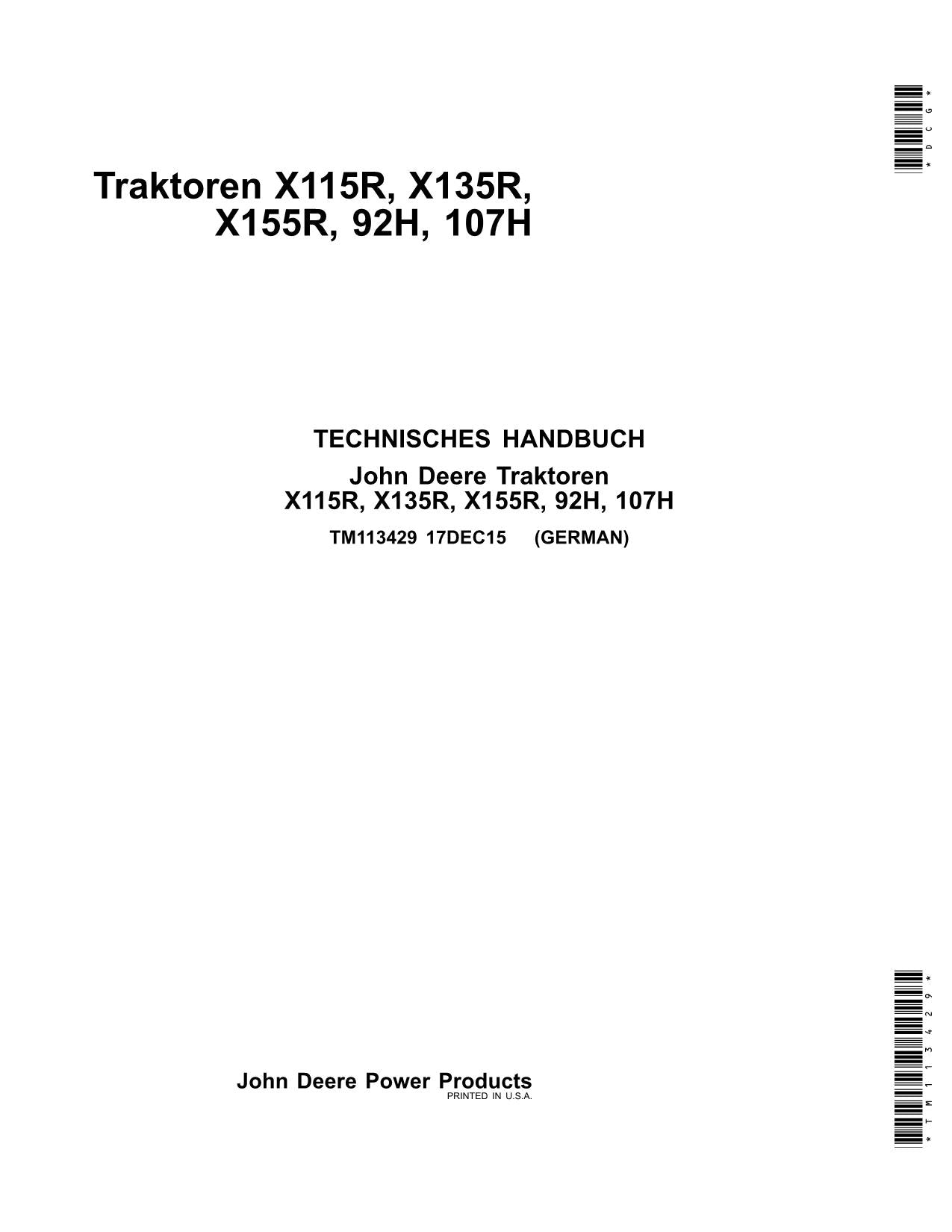 JOHN DEERE X115R X135R X155R 92H 107H TRAKTOR REPARATURHANDBUCH