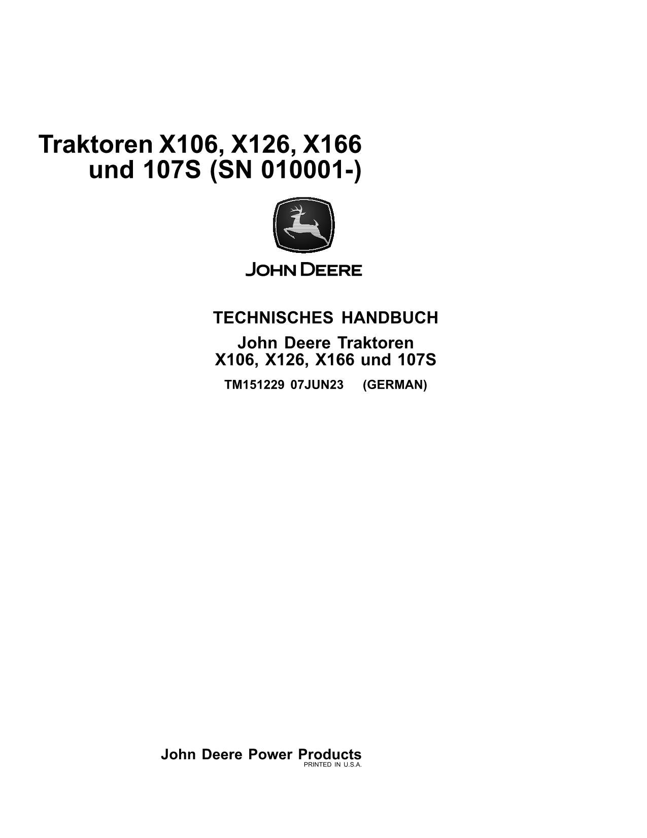 JOHN DEERE X106 X126 X166 X107S TRAKTOR REPARATURHANDBUCH WERKSTATTHANDBUCH