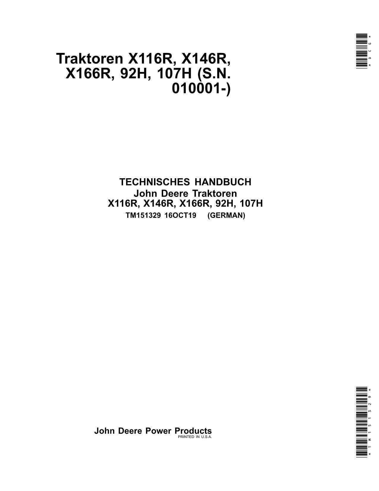 JOHN DEERE X116R X146R X166R 92H 107H TRAKTOR REPARATURHANDBUCH