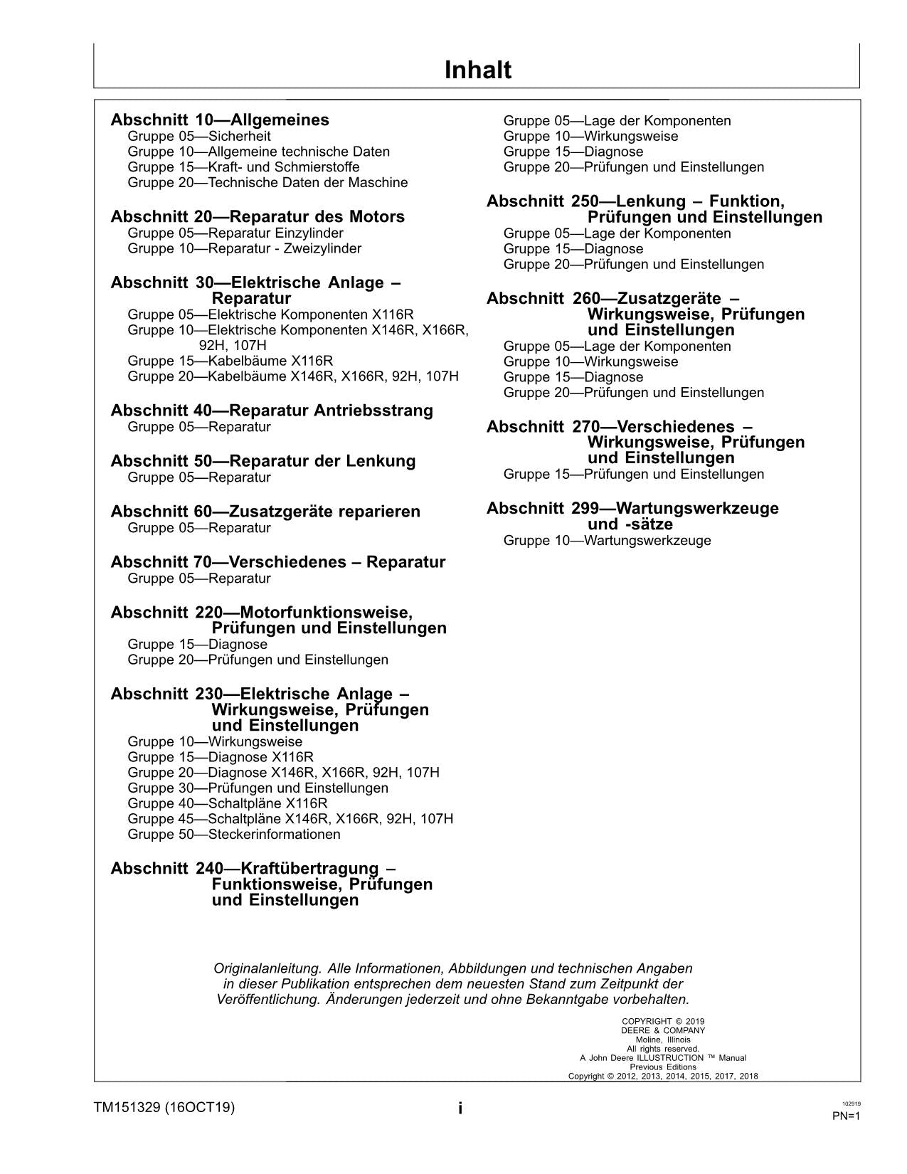 JOHN DEERE X116R X146R X166R 92H 107H TRAKTOR REPARATURHANDBUCH