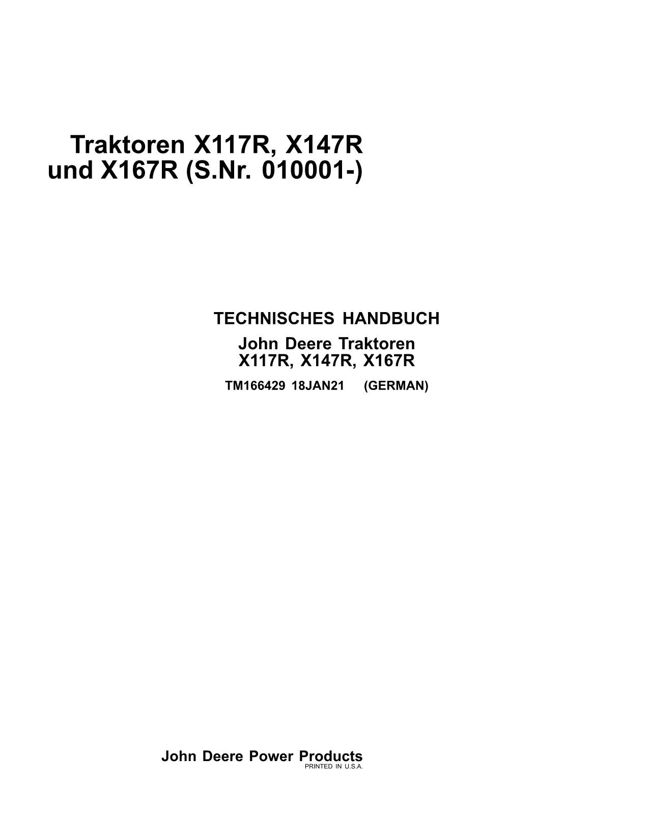 JOHN DEERE X117R X147R X167R TRAKTOR REPARATURHANDBUCH WERKSTATTHANDBUCH