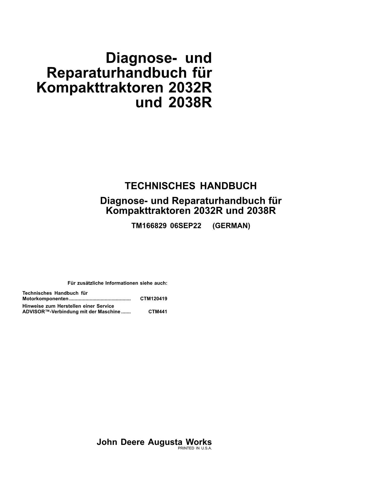 JOHN DEERE 2032R 2038R KOMPAKTTRAKTOR DIAGNOSE REPARATURHANDBUCH