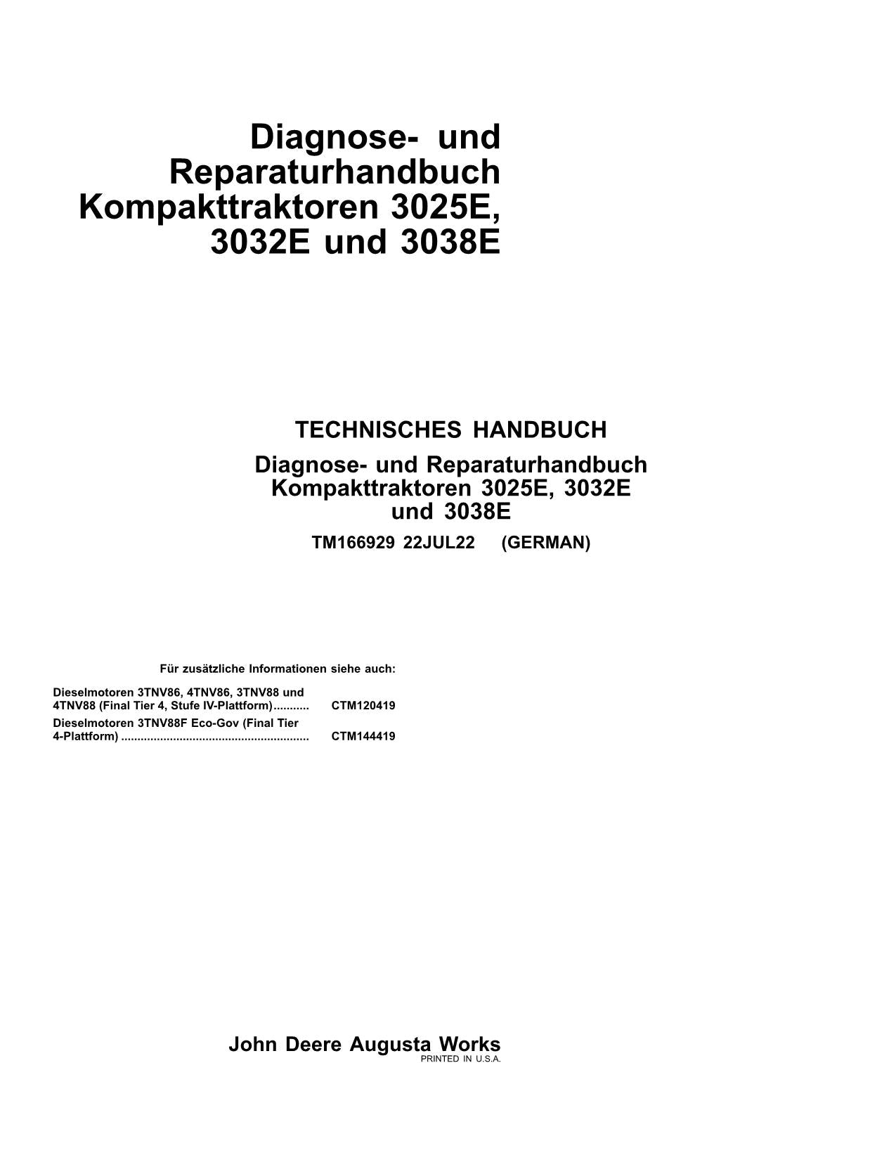 JOHN DEERE 3025E 3038E 3032E TRAKTOR TRAKTOR DIAGNOSE REPARATURHANDBUCH