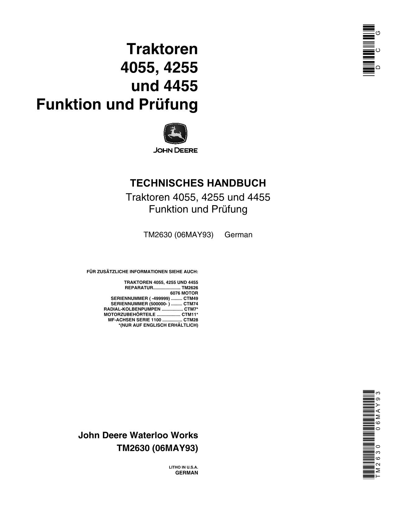 JOHN DEERE 4055 4255 4455 TRAKTOR DIAGNOSE REPARATURHANDBUCH PRÜFEN