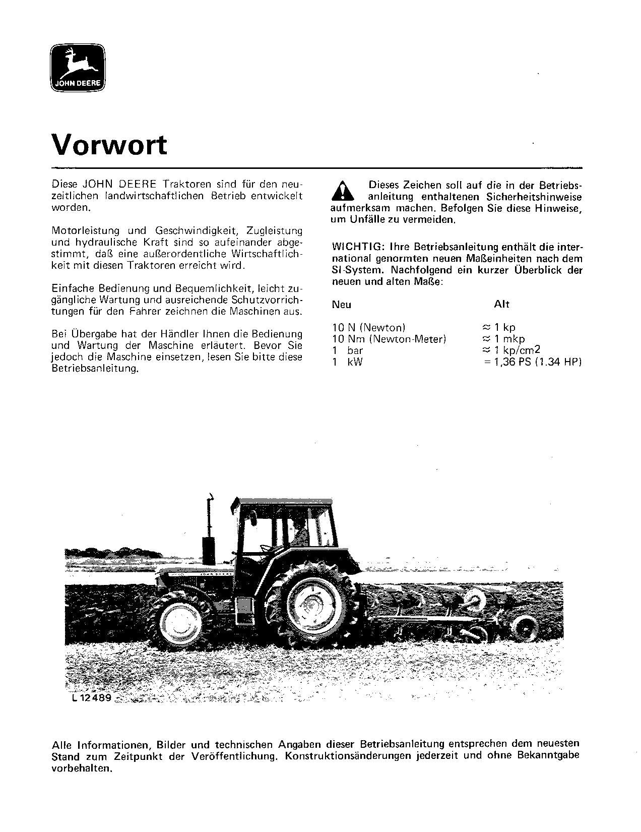 JOHN DEERE 1830 2030 2130 TRAKTOR BETRIEBSANLEITUNG