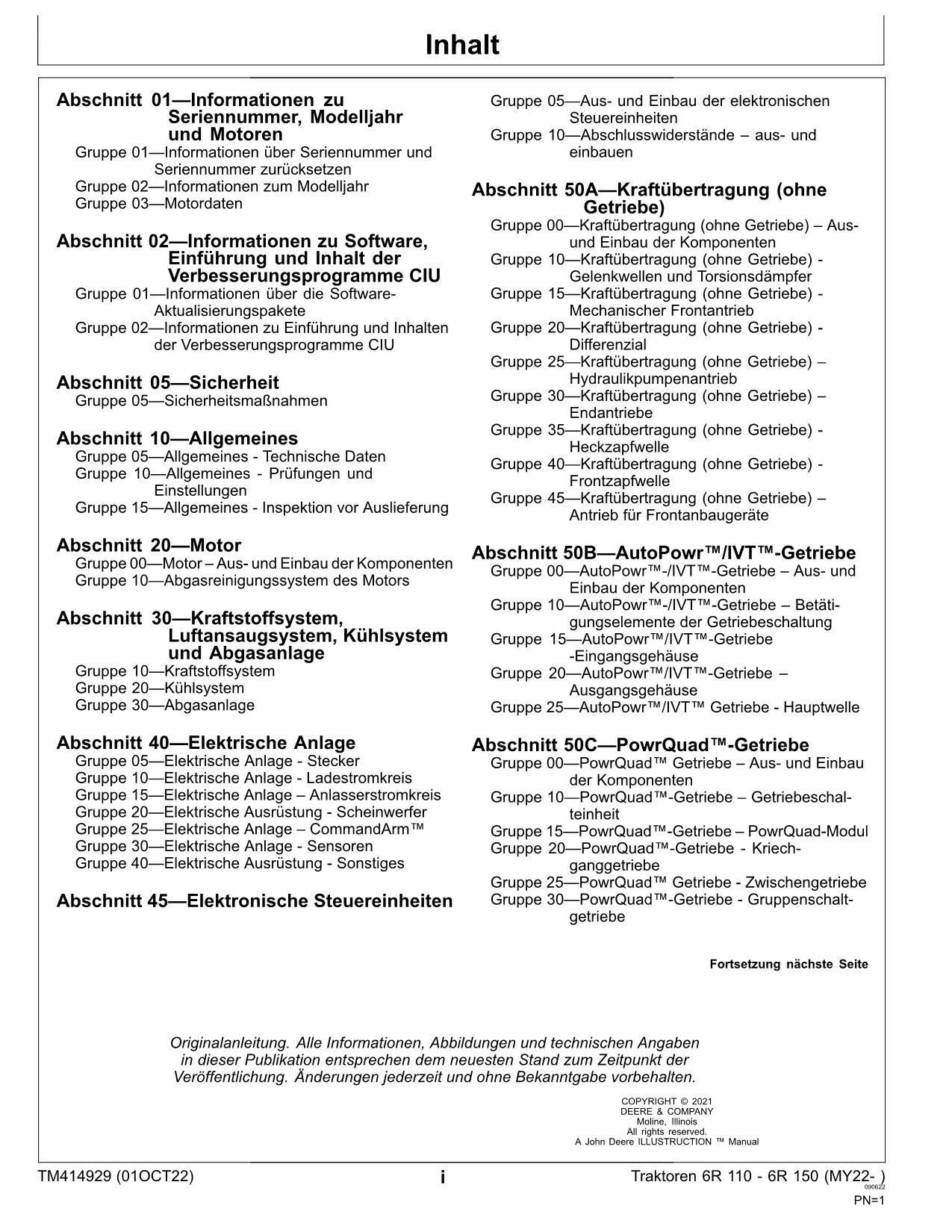 JOHN DEERE 6R 150 6R 140 6R 130 6R 120 6R 110 TRAKTOR REPARATURHANDBUCH