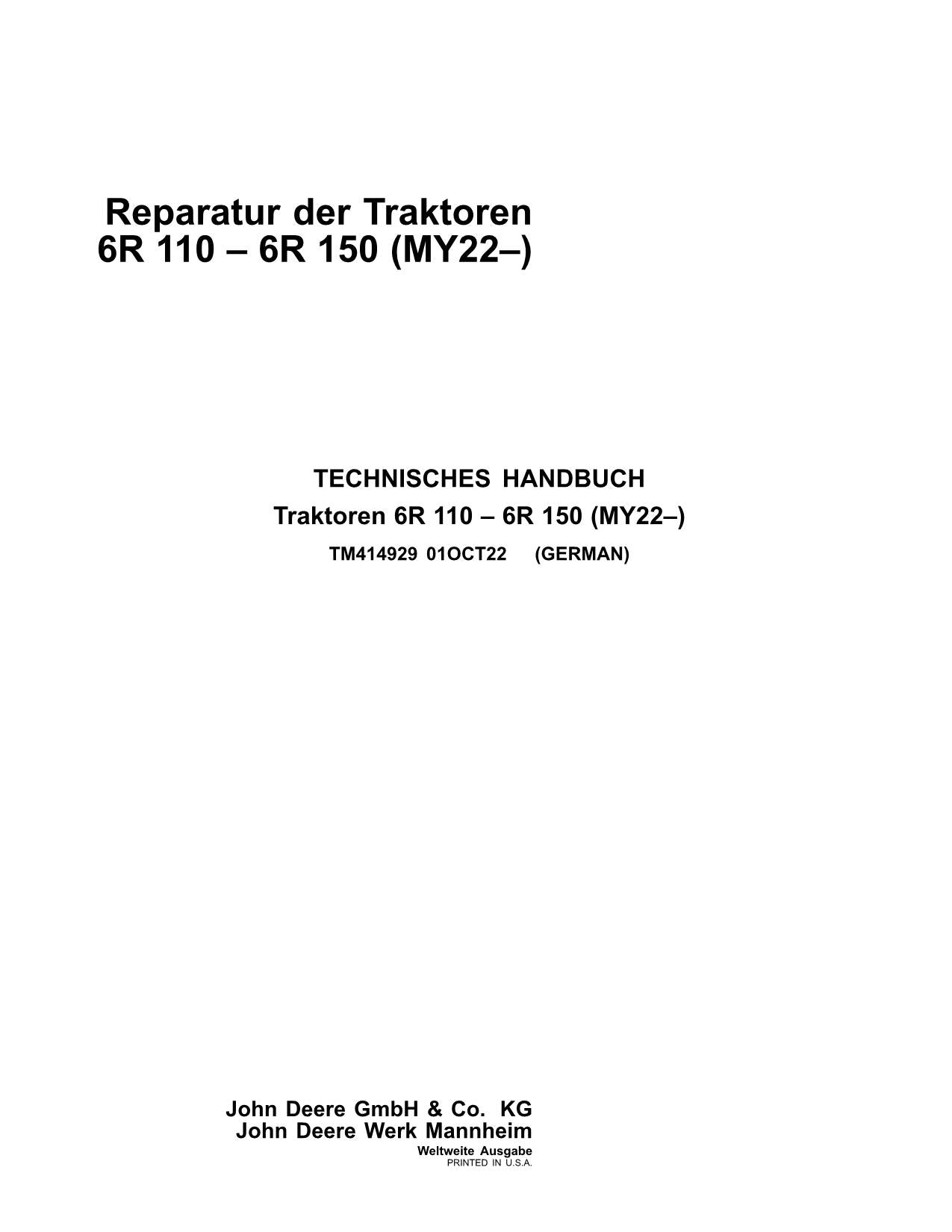 JOHN DEERE 6R 150 6R 140 6R 130 6R 120 6R 110 TRAKTOR REPARATURHANDBUCH