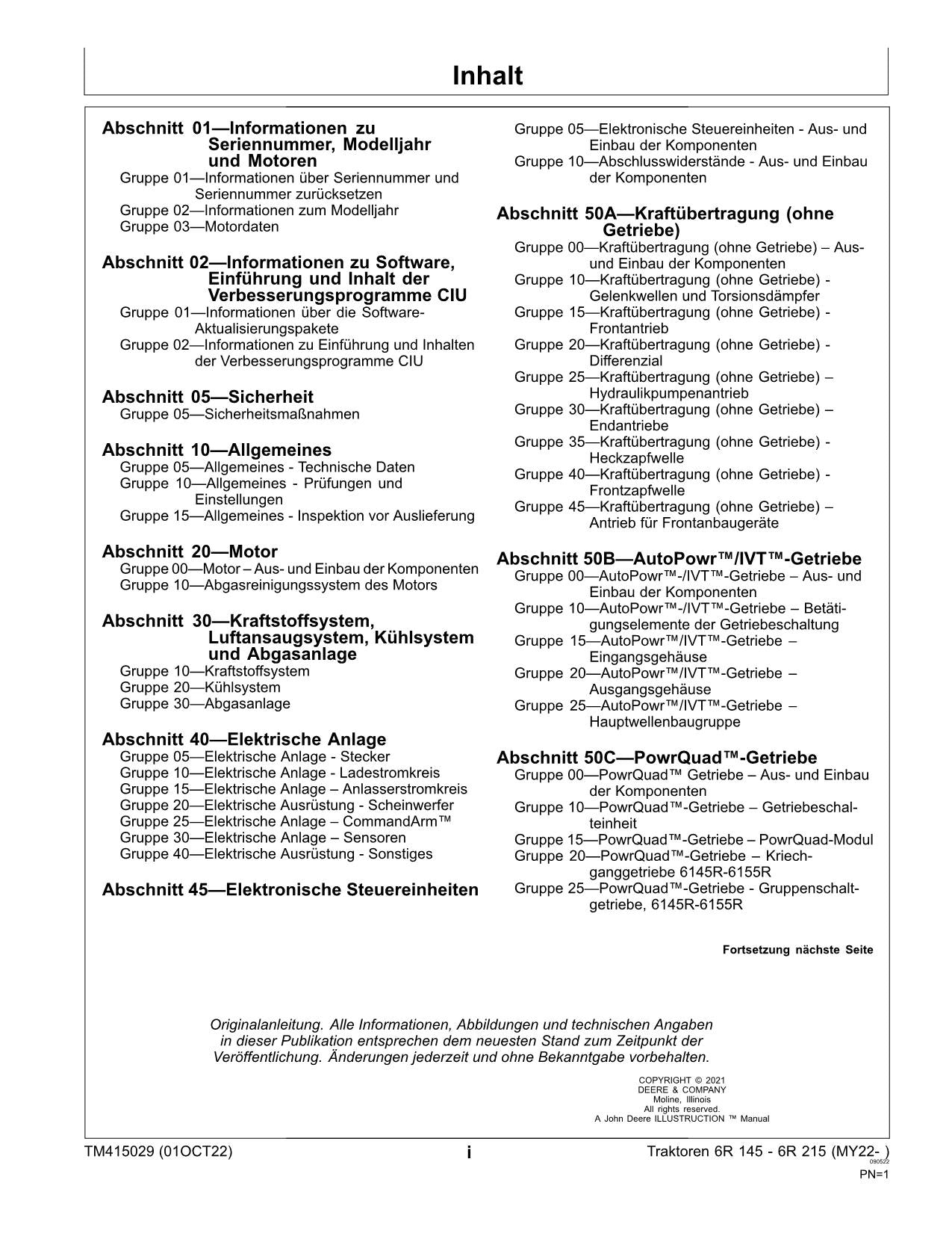 JOHN DEERE 6R 145 155 165 175 185 195 215 TRAKTOR REPARATURHANDBUCH