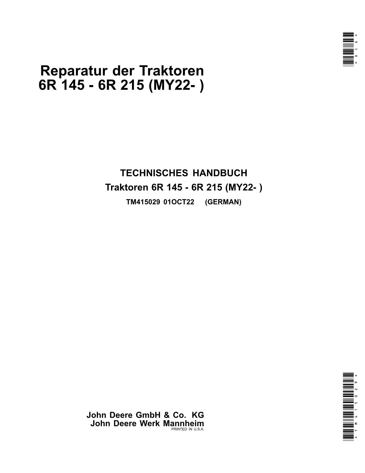 JOHN DEERE 6R 145 155 165 175 185 195 215 TRAKTOR REPARATURHANDBUCH