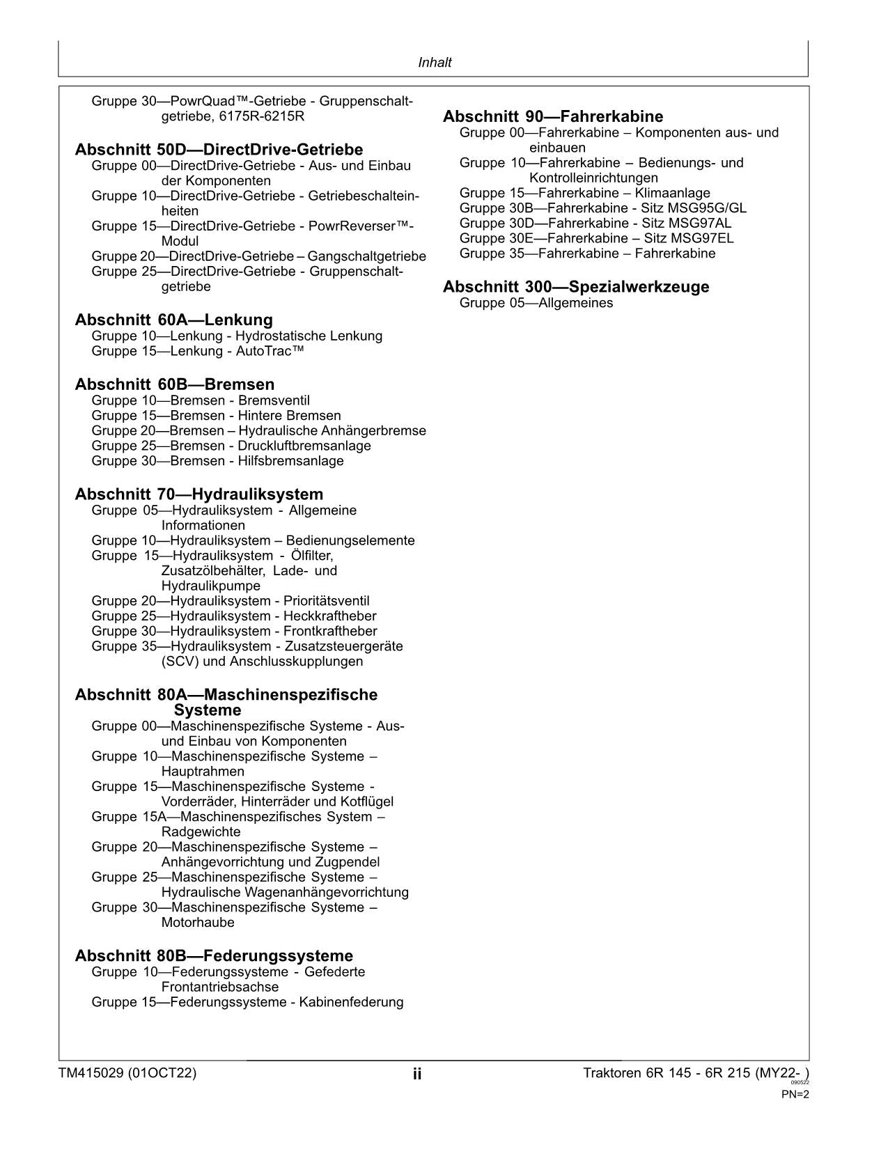 JOHN DEERE 6R 145 155 165 175 185 195 215 TRAKTOR REPARATURHANDBUCH