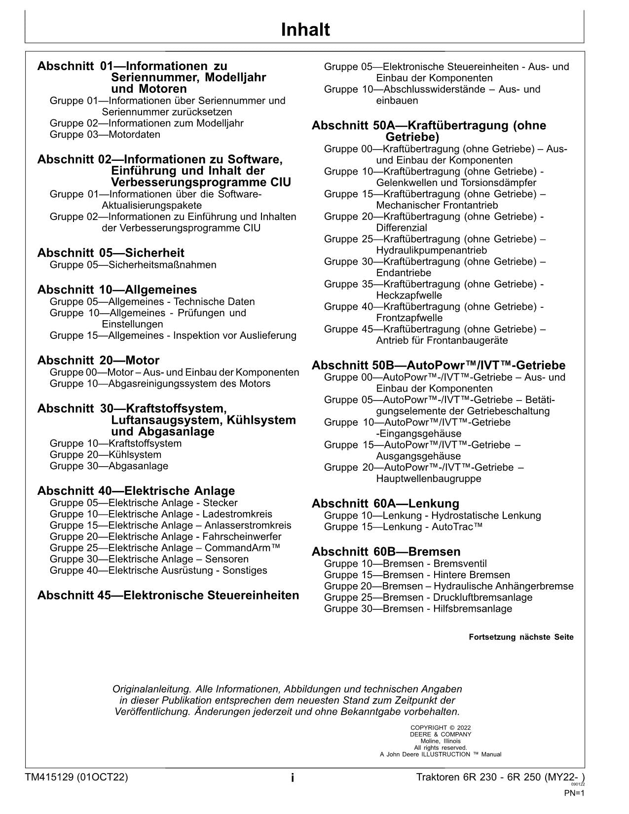 JOHN DEERE 6R 250 6R 2304 6R 230 TRAKTOR REPARATURHANDBUCH WERKSTATTHANDBUCH