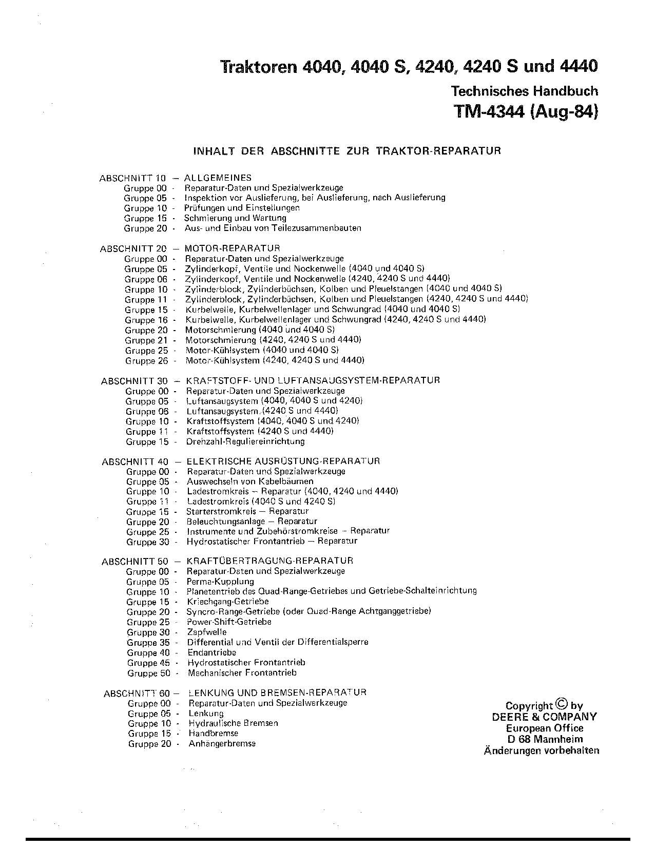 JOHN DEERE 4040 4040S 4240 4240S 4440 TRAKTOR REPARATURHANDBUCH