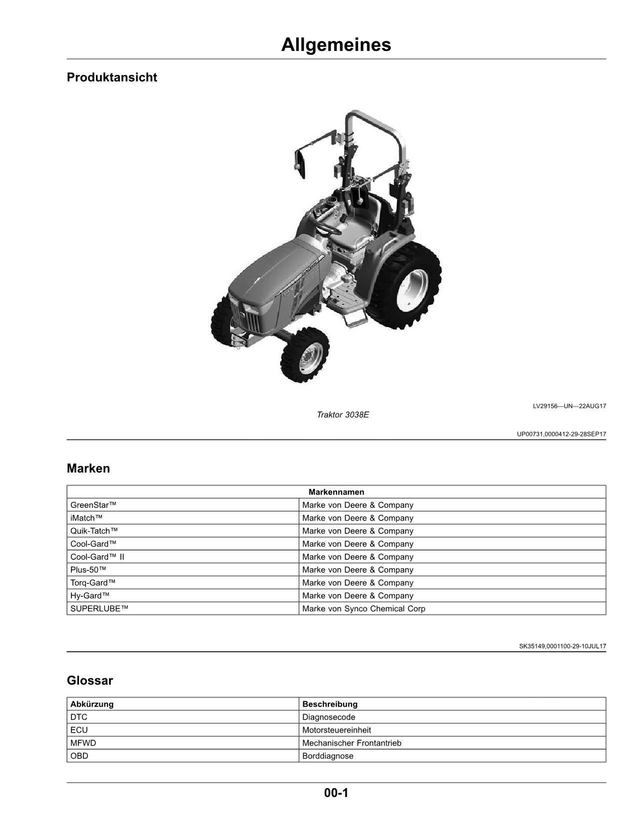 JOHN DEERE 3038E  TRAKTOR BETRIEBSANLEITUNG