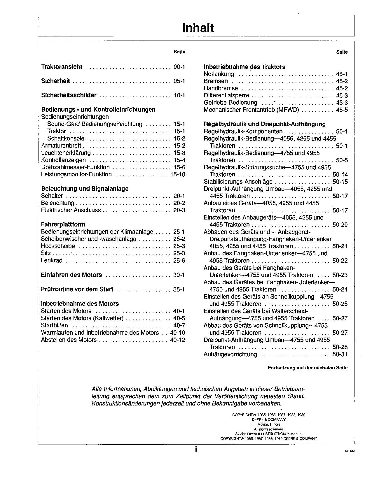 JOHN DEERE 4055 4255 4455 4755 4955 TRAKTOR BETRIEBSANLEITUNG