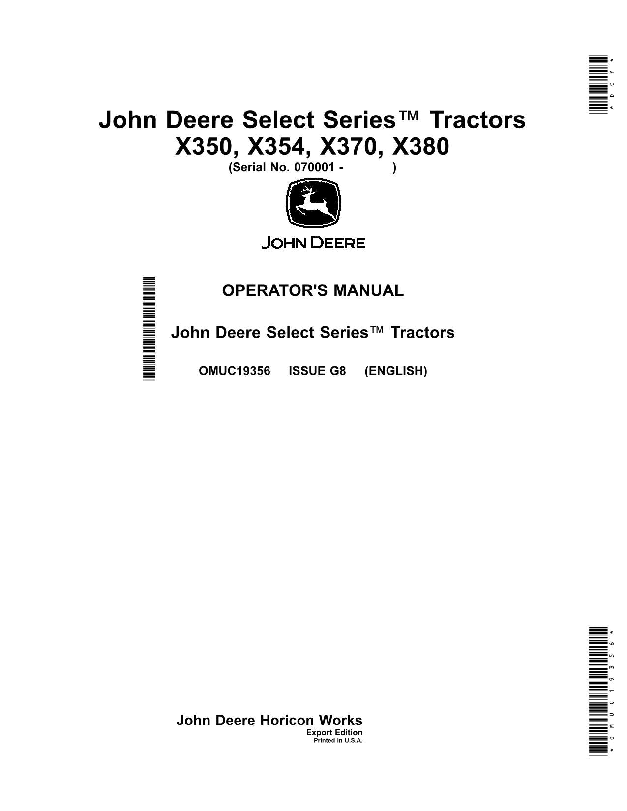 JOHN DEERE X350R TRAKTOR BETRIEBSANLEITUNG 070001-