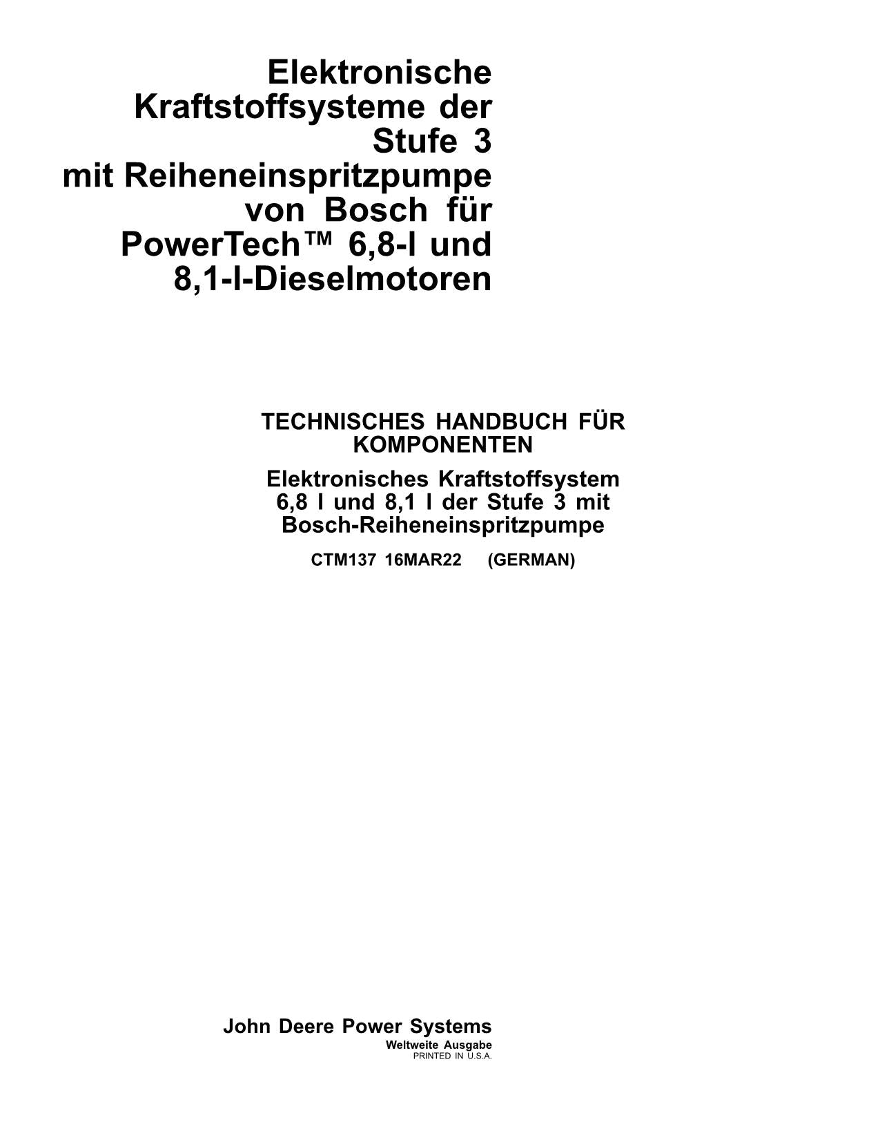 JOHN DEERE 6.8L 6068 8.1L 6081 BOSCH MOTEUR REPARATURHANDBUCH WERKSTATTHANDBUCH