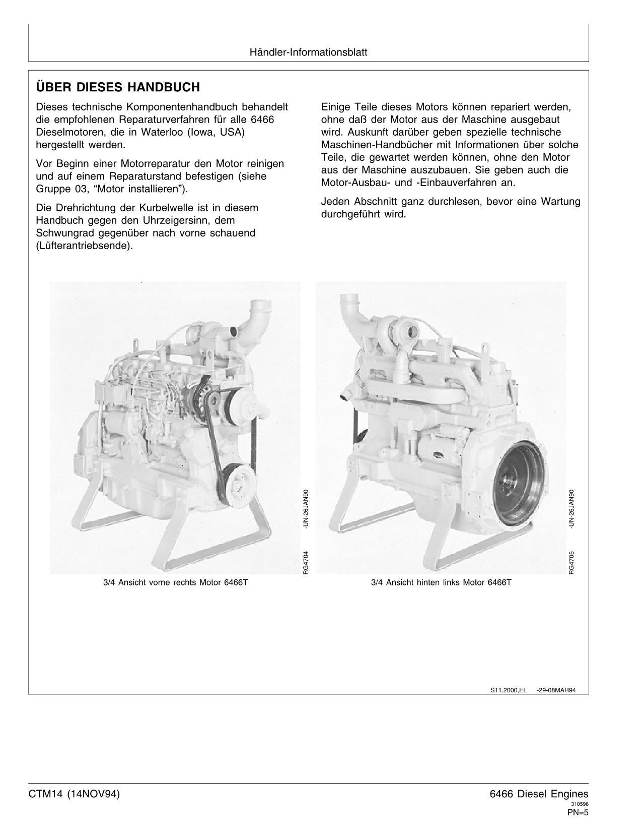 JOHN DEERE 6466 SERIES 400 MOTOR REPARATURHANDBUCH WERKSTATTHANDBUCH