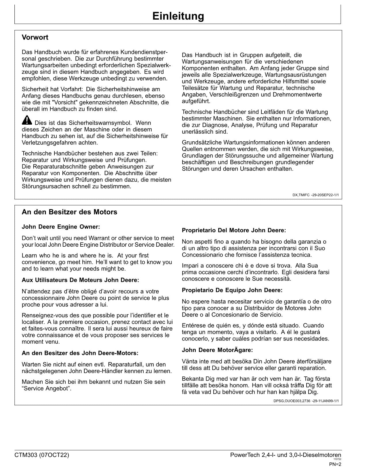 JOHN DEERE 2.4L 3.0L MOTOR REPARATURHANDBUCH WERKSTATTHANDBUCH