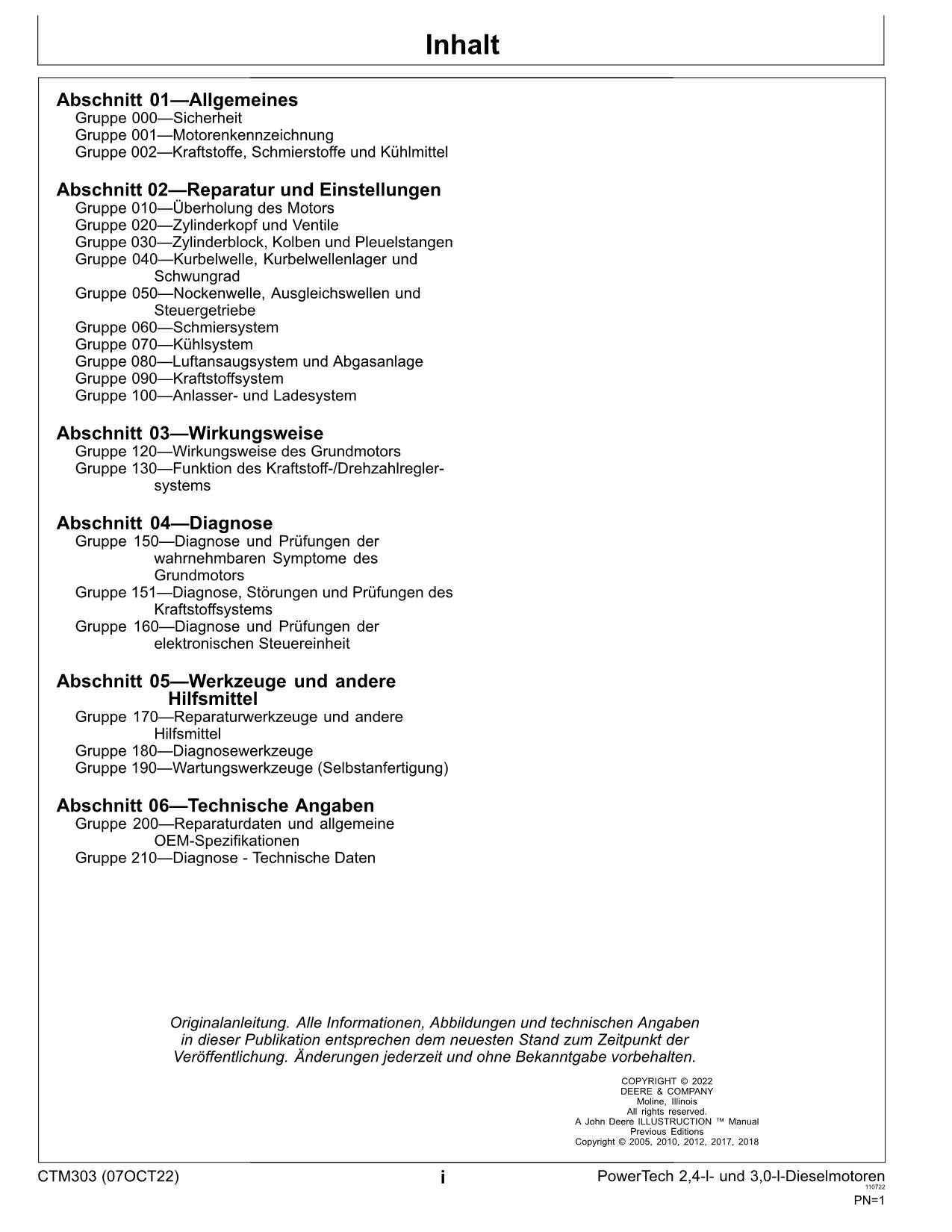 JOHN DEERE 2.4L 3.0L MOTOR REPARATURHANDBUCH WERKSTATTHANDBUCH