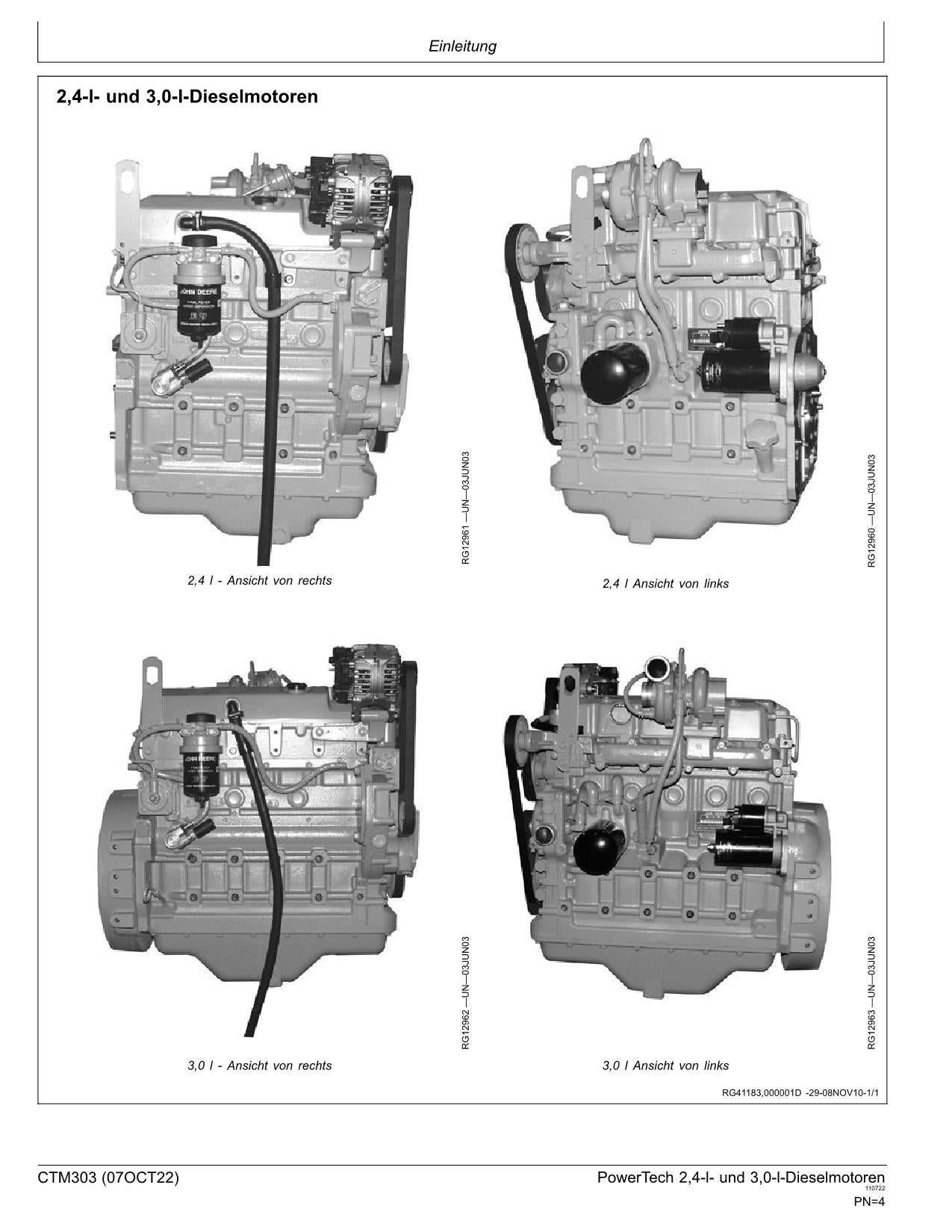 JOHN DEERE 2.4L 3.0L MOTOR REPARATURHANDBUCH WERKSTATTHANDBUCH