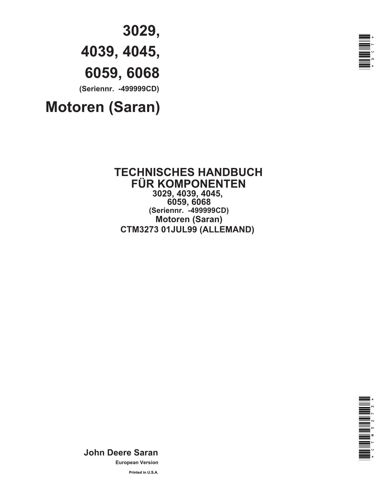 JOHN DEERE 3029 4039 4045 6059 6068 MOTOR REPARATURHANDBUCH WERKSTATTHANDBUCH