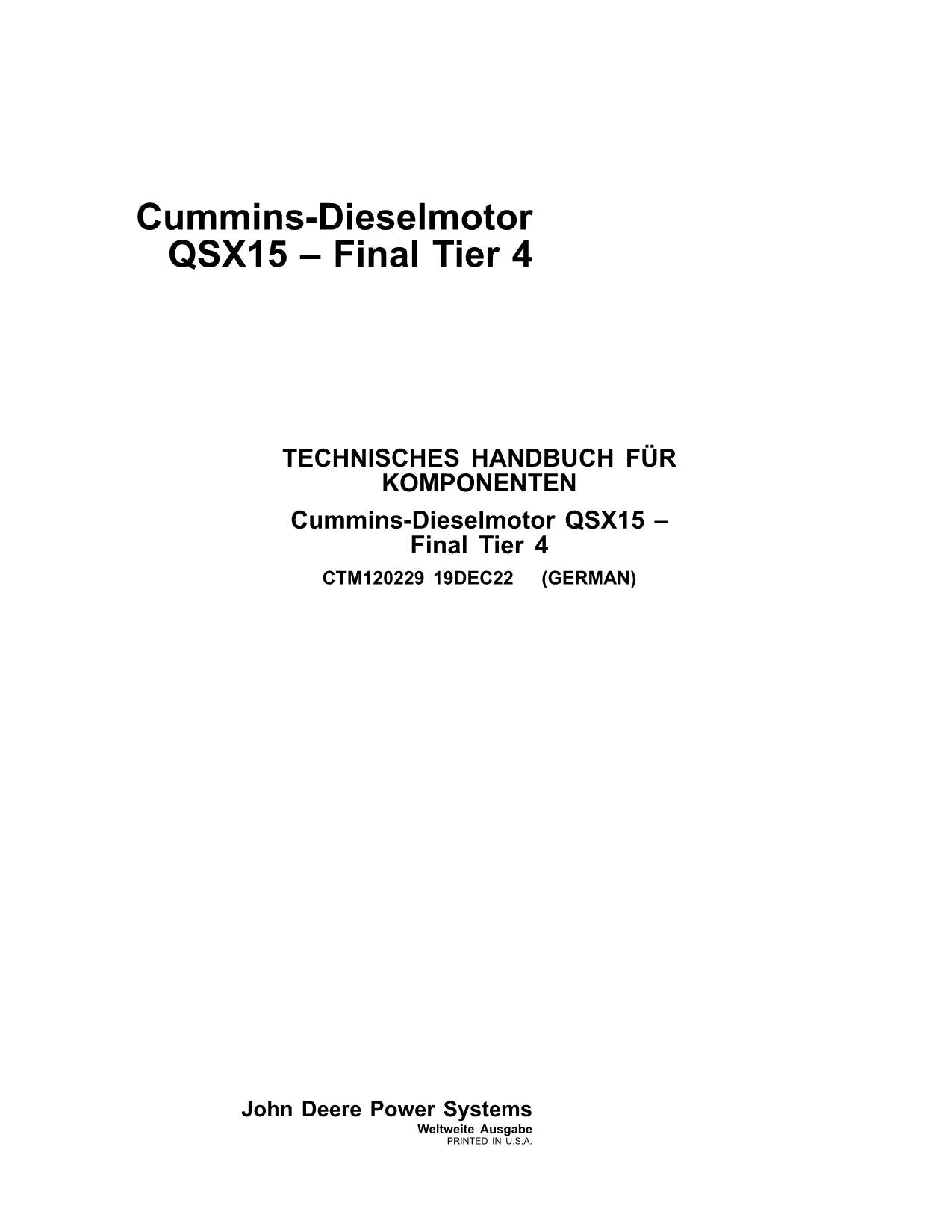 JOHN DEERE QSX15 CUMMINS QSX15 TIER4 MOTOR REPARATURHANDBUCH WERKSTATTHANDBUCH