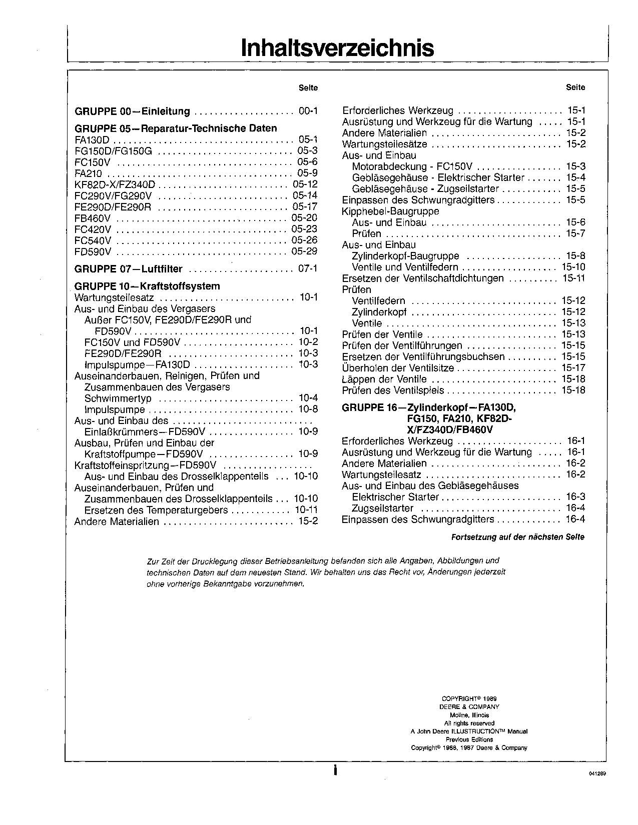 JOHN DEERE 3K KAWASAKI MOTOR REPARATURHANDBUCH WERKSTATTHANDBUCH