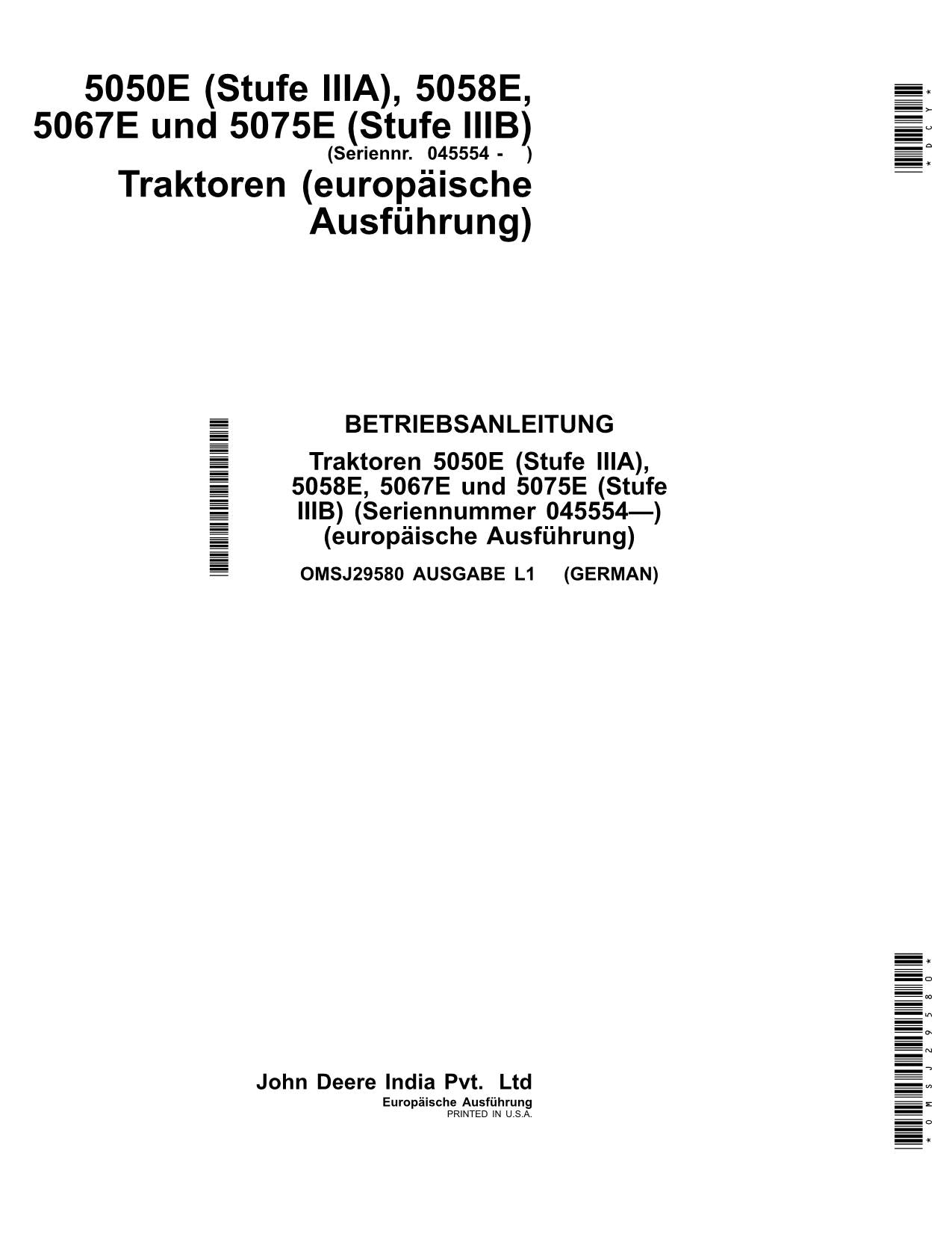 JOHN DEERE 5050E 5058E 5067E 5075E TRAKTOR BETRIEBSANLEITUNG #2